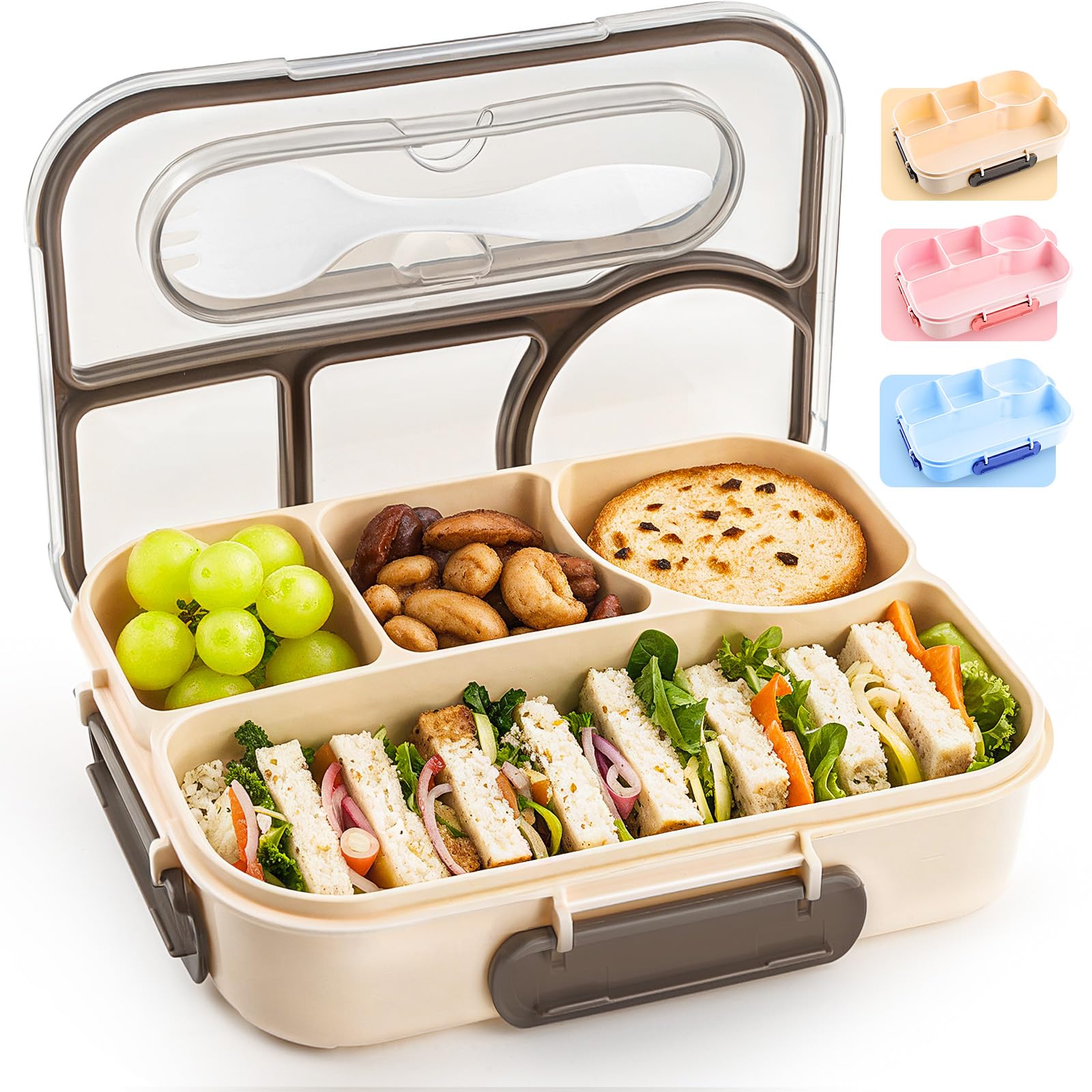 EASYFUN Bento Box Adult, Lunch Box Kids, 4-Compartment Lunch Containers, Drop-Proof, Dishwasher Safe & Made with BPA-Free Materials(Khaki)