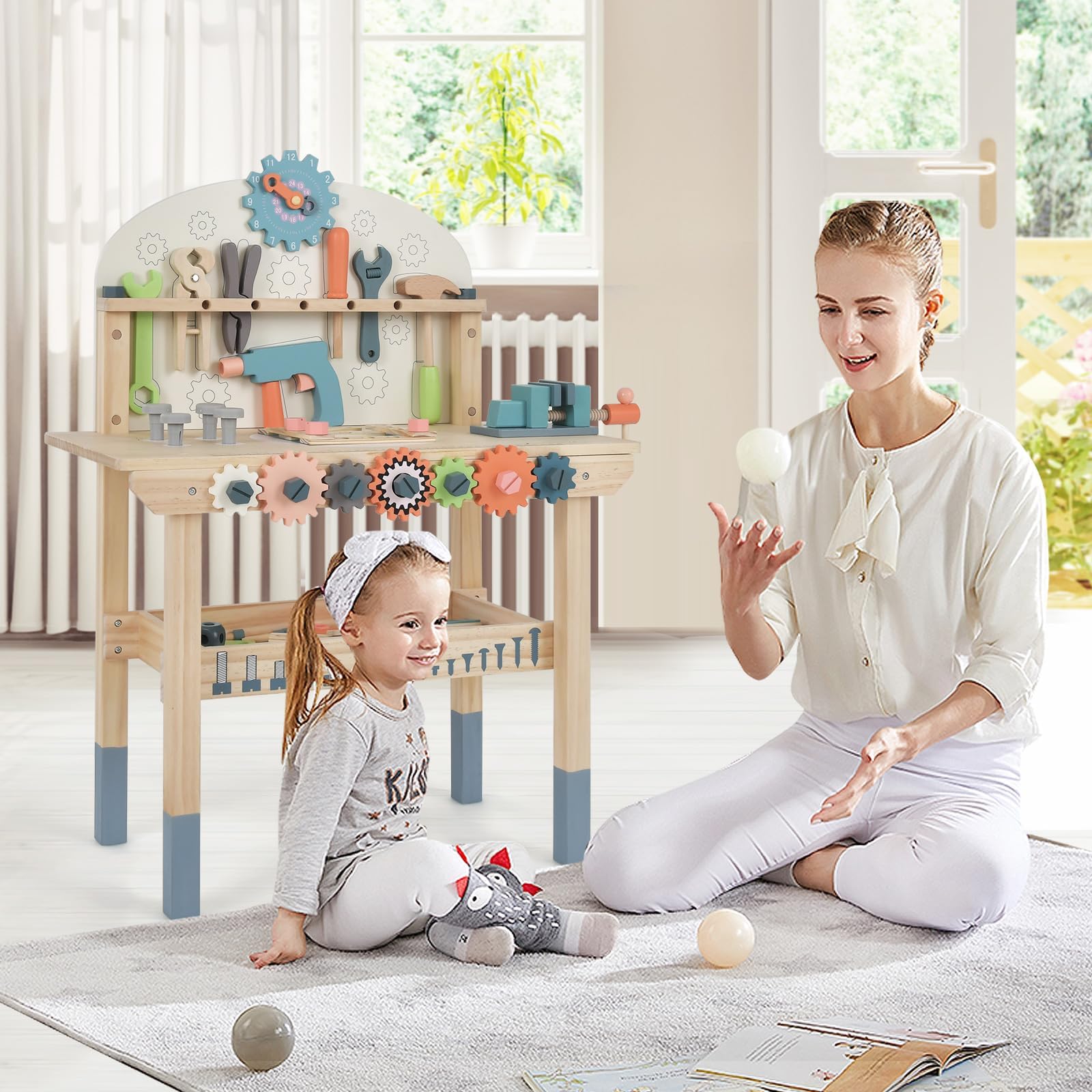FANTASK Werkzeugbank für Kinder, Spielwerkbank Holz mit magnetischem Gestell, Ablageregal & Zubehör, Werkstatt Werkbank mit Werkzeugen Set Montessori für Kinder ab 3 Jahren