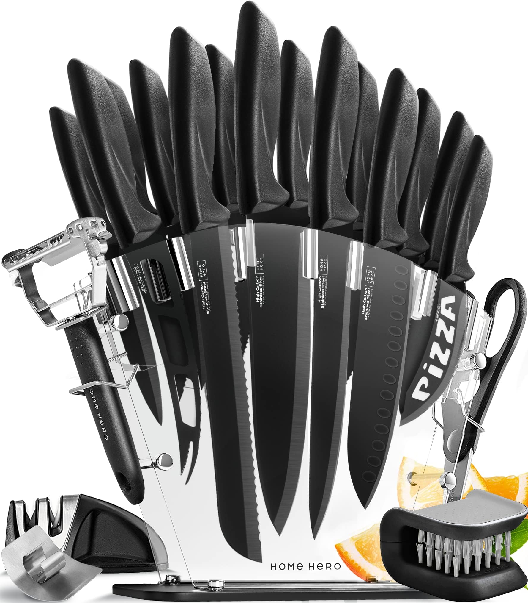 Kitchen Knife Set - High Carbon Stainless Steel Blades & Built-In Sharpener - Ergonomic Handles & Cutlery Block Storage - Precision Cooking Prep with Chef Knife - 20 Pc, Black
