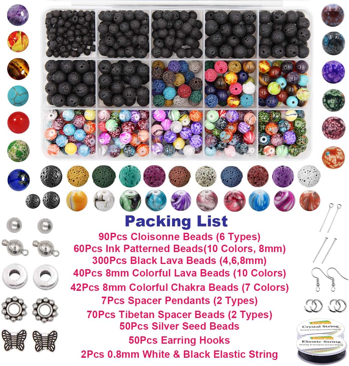 EuTengHao 846Pcs Lava Stone Beads Rock Loose Beads Cloisonne Beads Kit with Ink Patterns Chakra Beads Spacer Pendants Beads for Diffuser Essential Oils Adult DIY Bracelet Jewelry Making Supplies - Image 3