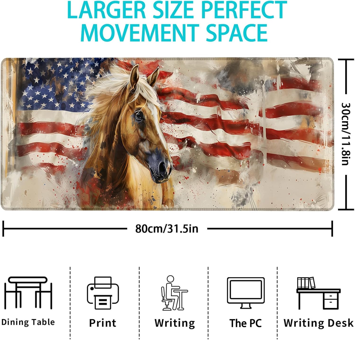 Horse American Flag Gaming Mouse Pad, Mouse Pad, Desk Mat, Non-Slip Rubber Base MousePads for Computers Laptop Office School Home Accessories Decor Gifts 31.5" x 11.8" - Image 3