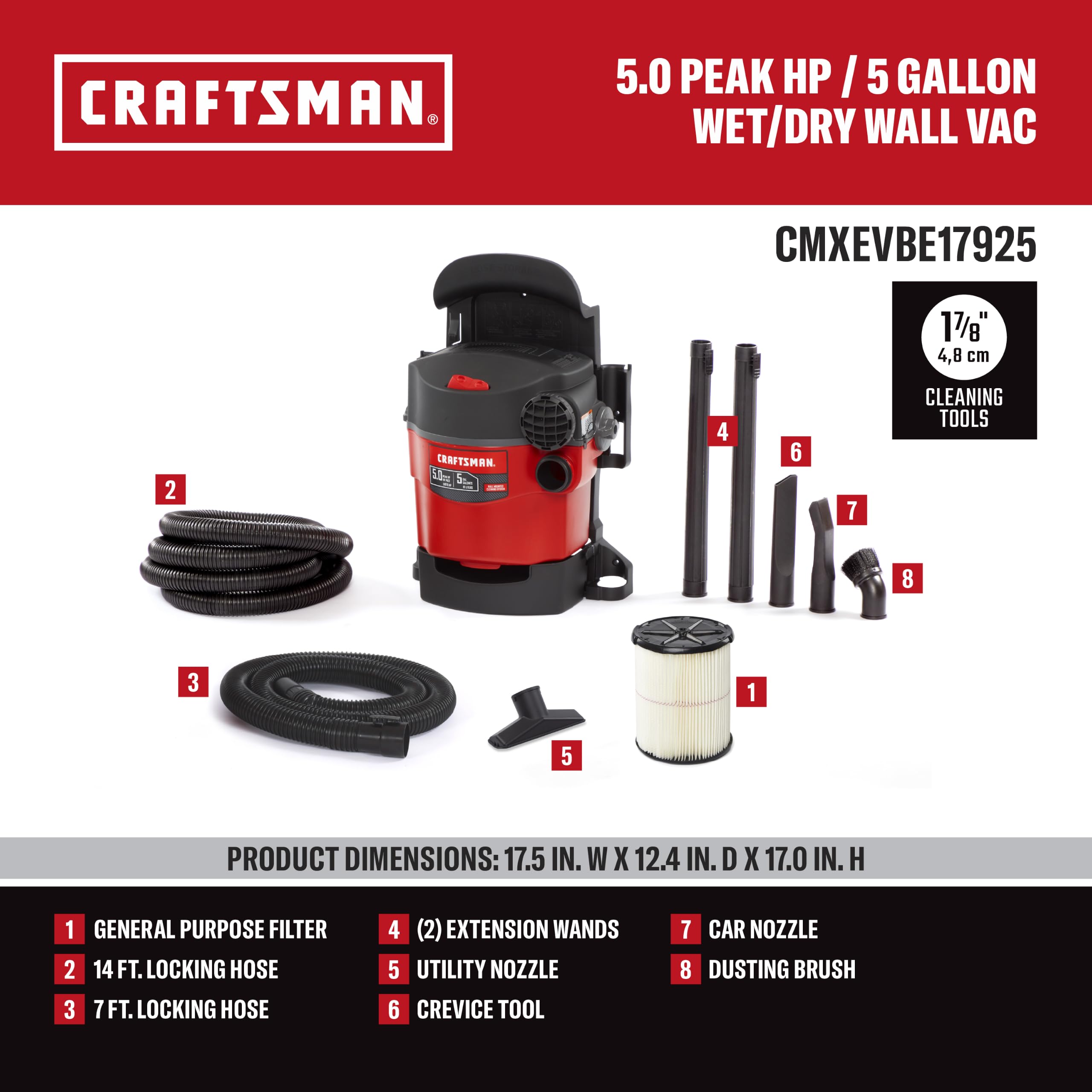 CRAFTSMAN CMXEVBE17925 - Aspiradora para tienda en seco y húmedo (5 galones, 5.0 Pico HP