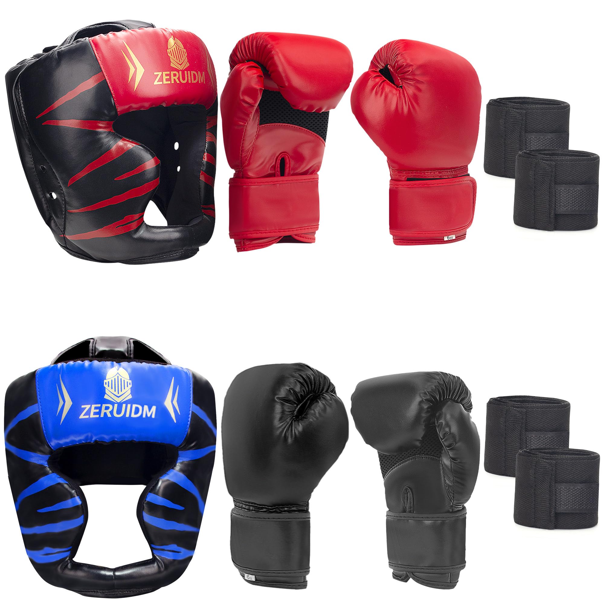 8-Piece Boxing Gloves Set with 2 Headgear and 4 Hand Wraps, PU Leather Black Red Protecti…