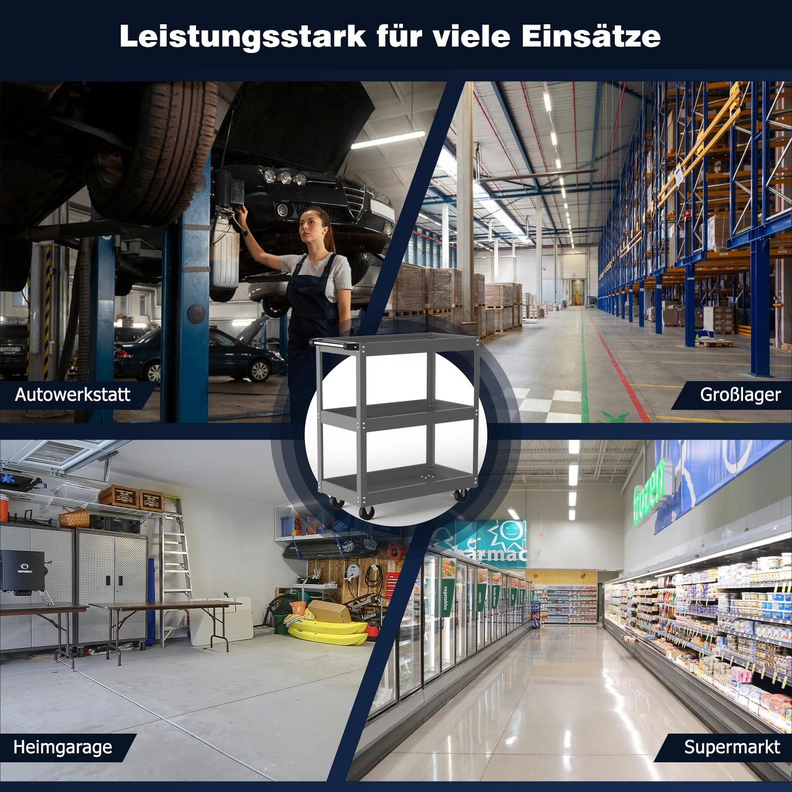 ALANNG Rollender Werkstattwagen, Schwerer Werkzeugwagen mit 3 Tabletts, Metall Servicewagen