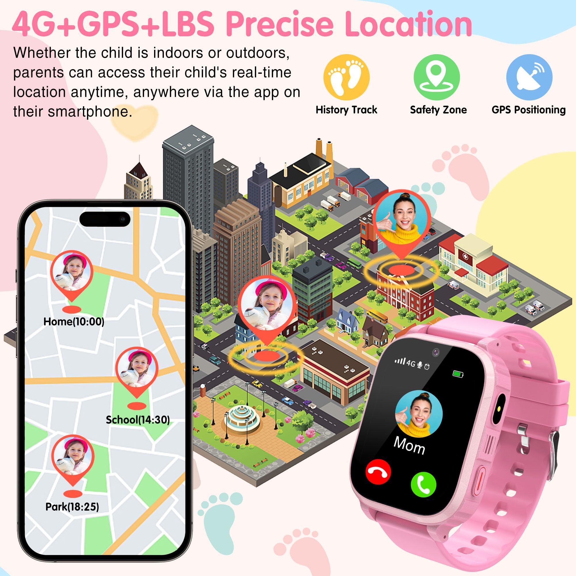 Reloj Inteligente para Niña 4G, Smartwatch Niñas GPS y Llamadas, SOS/WiFi/Vídeo/Voz Chat, Modo Clase, Calculadora, Despertador, 7 Juegos, Linterna, IP68, Reloj GPS Niñas Regalo Cumpleaños de Navidad