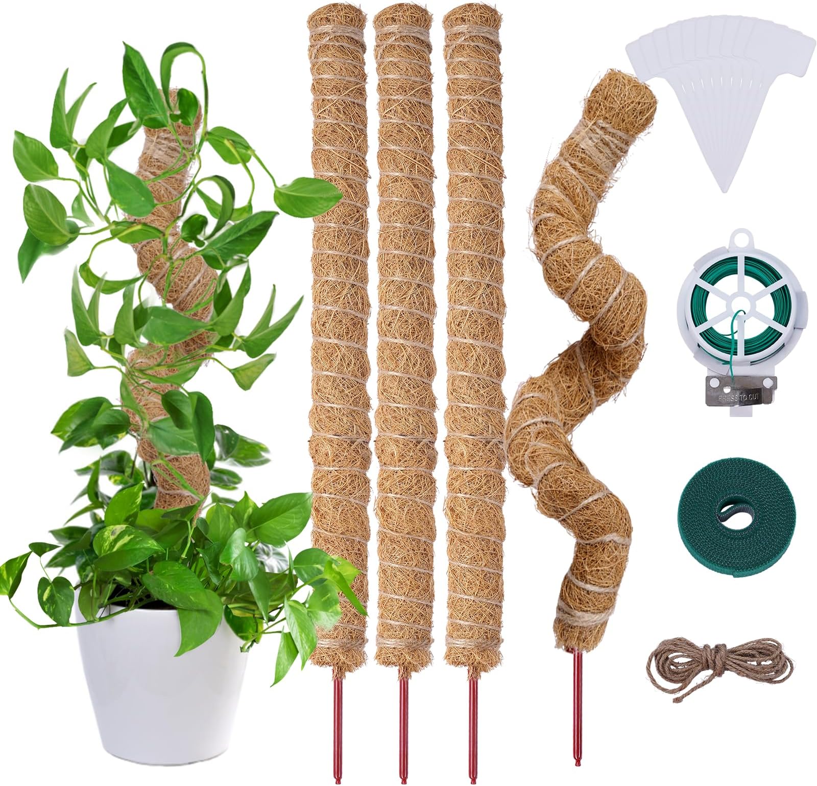 4 Pcs Bendable Moss Pole for Monstera Plant Support，24 Inch Handmade Coir Pole Stick for Climbing Plants Indoor Plant Stakes for Potted Plants to Grow Upwards