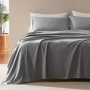 SLEEP ZONE Nanotex Super Soft Cooling King Bed Sheets Set 4 Piece - Easy Care Fitted Flat Sheet & Pillowcase Sets - Wrinkle Free, Fade Resistant, Deep Pocket 16" (Gull Gray, King)