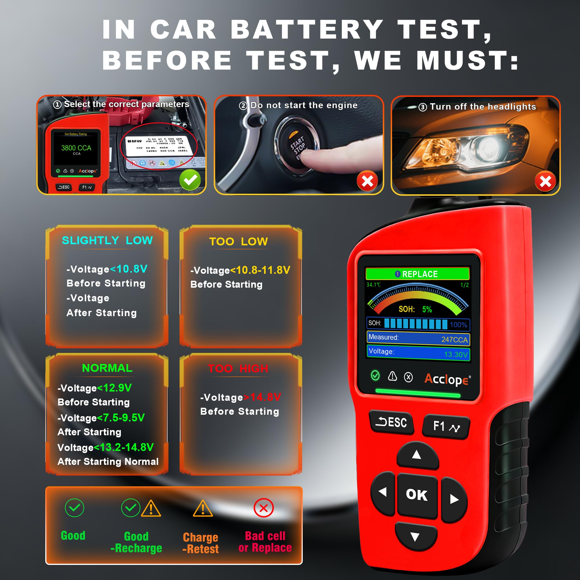 BT90 PRO - Tester per batteria, 6 V/12 V/24 V, per AGM/EFB/GEL/LiFePO4, 2 – 360 Ah, 30 – 3800 CCA, con stampa cloud, test di avviamento, nero, SAE/EN/IEC/CA/MCA, SOH/SOC/tensione/resistenza