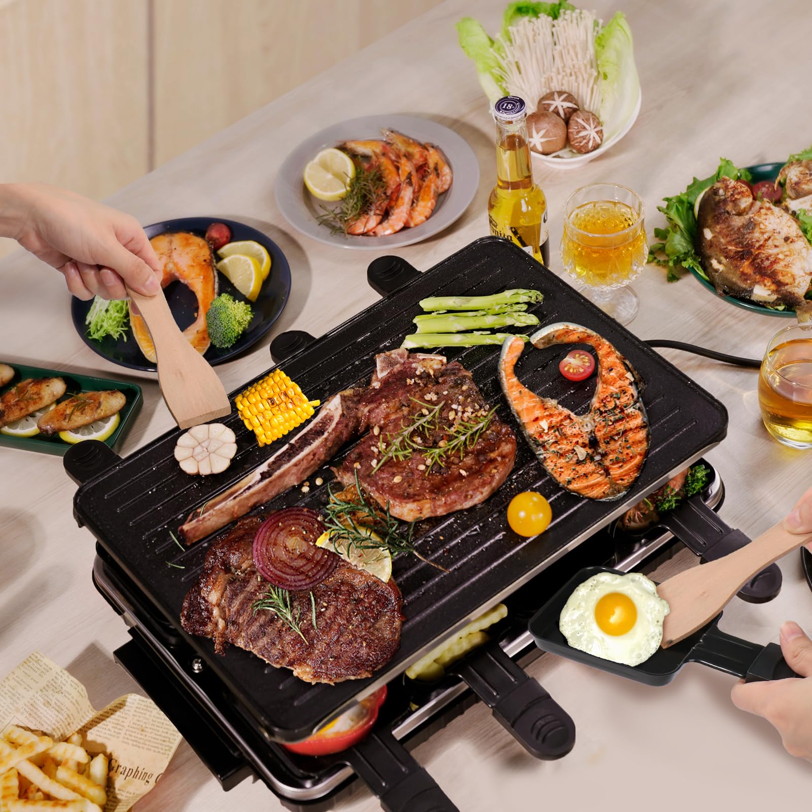 2-in-1 Raclette Grill 8 Personen Elektrisch Tischgrill Antihaftbeschichtet Wende-Grillplatte Elektrogrill Rauchfreier Raclette mit 8 Mini Raclette Pfännchen & 8 Schaber Spülmaschinenfest 1300W