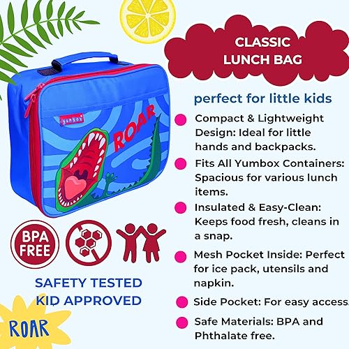 Miniatura 9 de Yumbox Bolsa de almuerzo clásica, aislada, tela resistente al agua, estampados divertidos para niños, bolsillos interiores y exteriores, cierre de