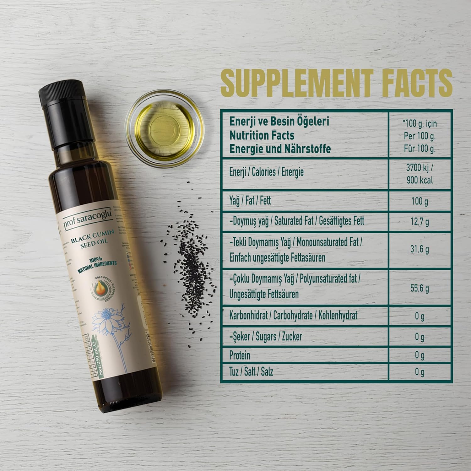 Prof Saracoglu Premium Black Seed Oil Cold Pressed Glass Bottle- Turkish Nigella Sativa- Unrefined & Solvent Free, Liquid Black Cumin for Hair, Skin & Immune Support, Non-GMO, Mild Taste- 8.45 Fl Oz