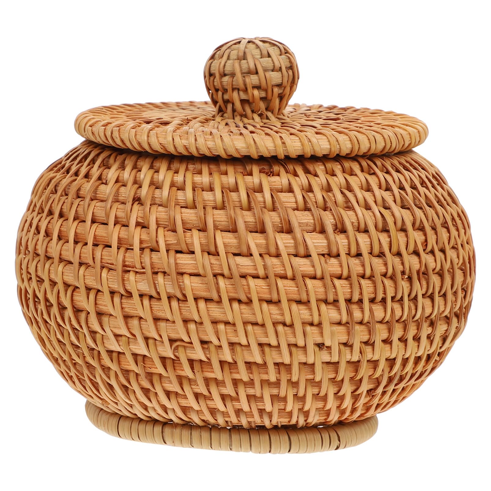 STOBAZA Round Rattan Storage Basket with Lid Hand-Woven Wicker Basket Bin Desktop Sundries Bread Fruit Snacks Basket for Picnic Sundries Table Shelf Organizer