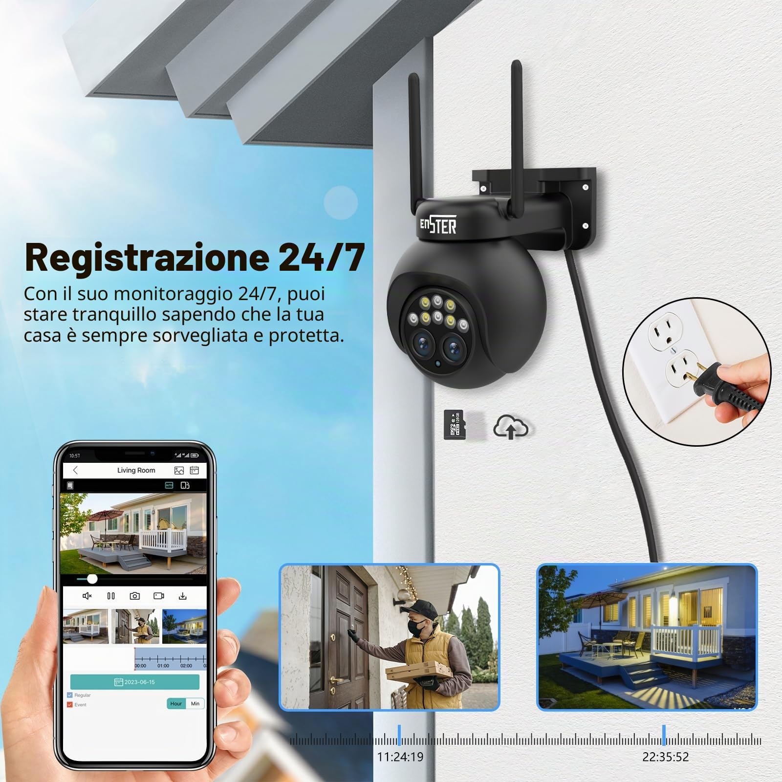 ENSTER PTZ Telecamera Wi-Fi Esterno con Doppio Obiettivo, 2K Camera IP Sorveglianza Tracciamento Auto dello Zoom Rilevamento Umano 8X Zoom Híbrido,Visione Notturna a Colori,Audio Bidirezionale
