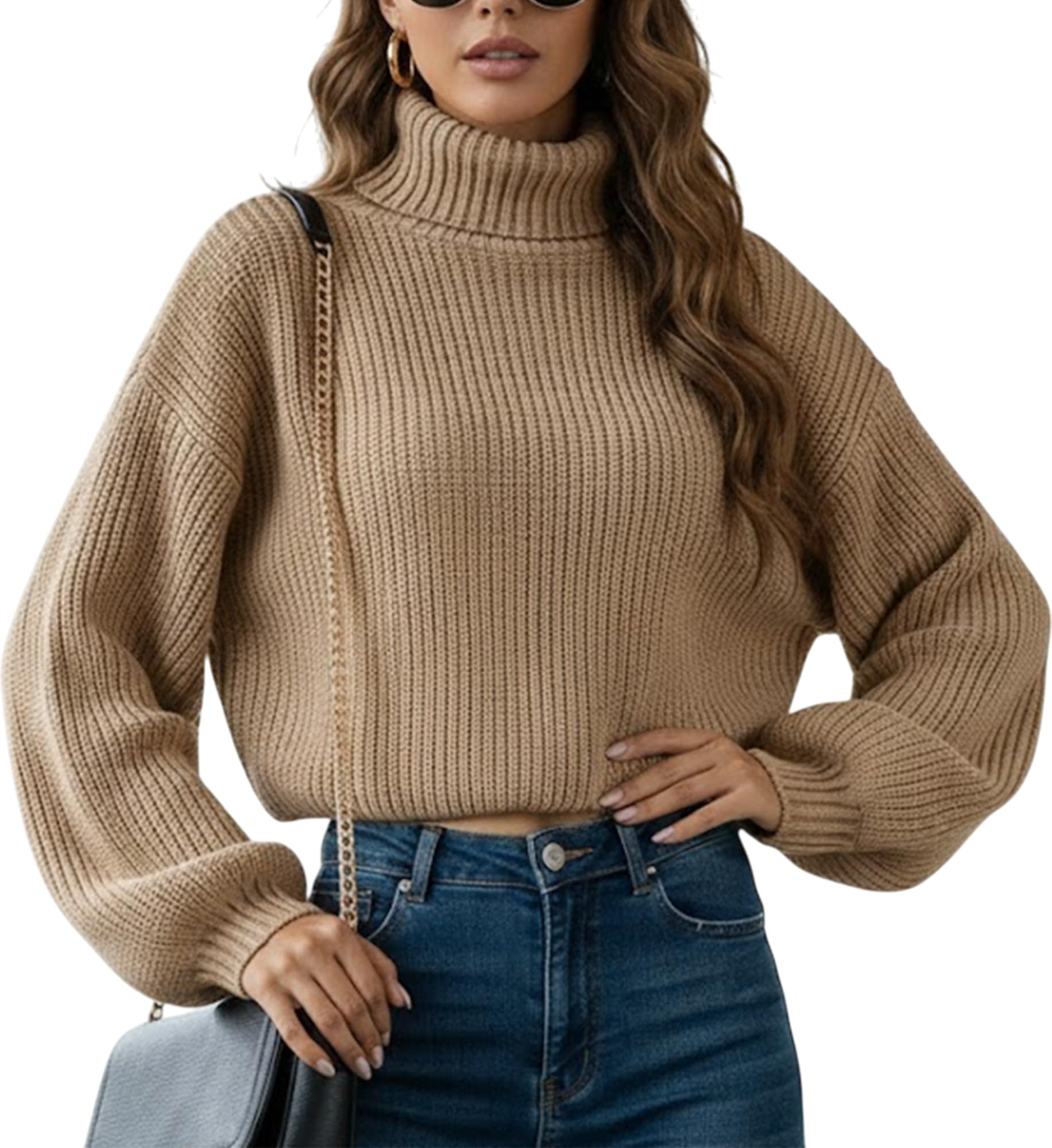 Cropped Turtleneck Sweater for Women Lantern Sleeve Ribbed Knit Pullover Jumper Trendy and Cozy Casual Sweater for Fall