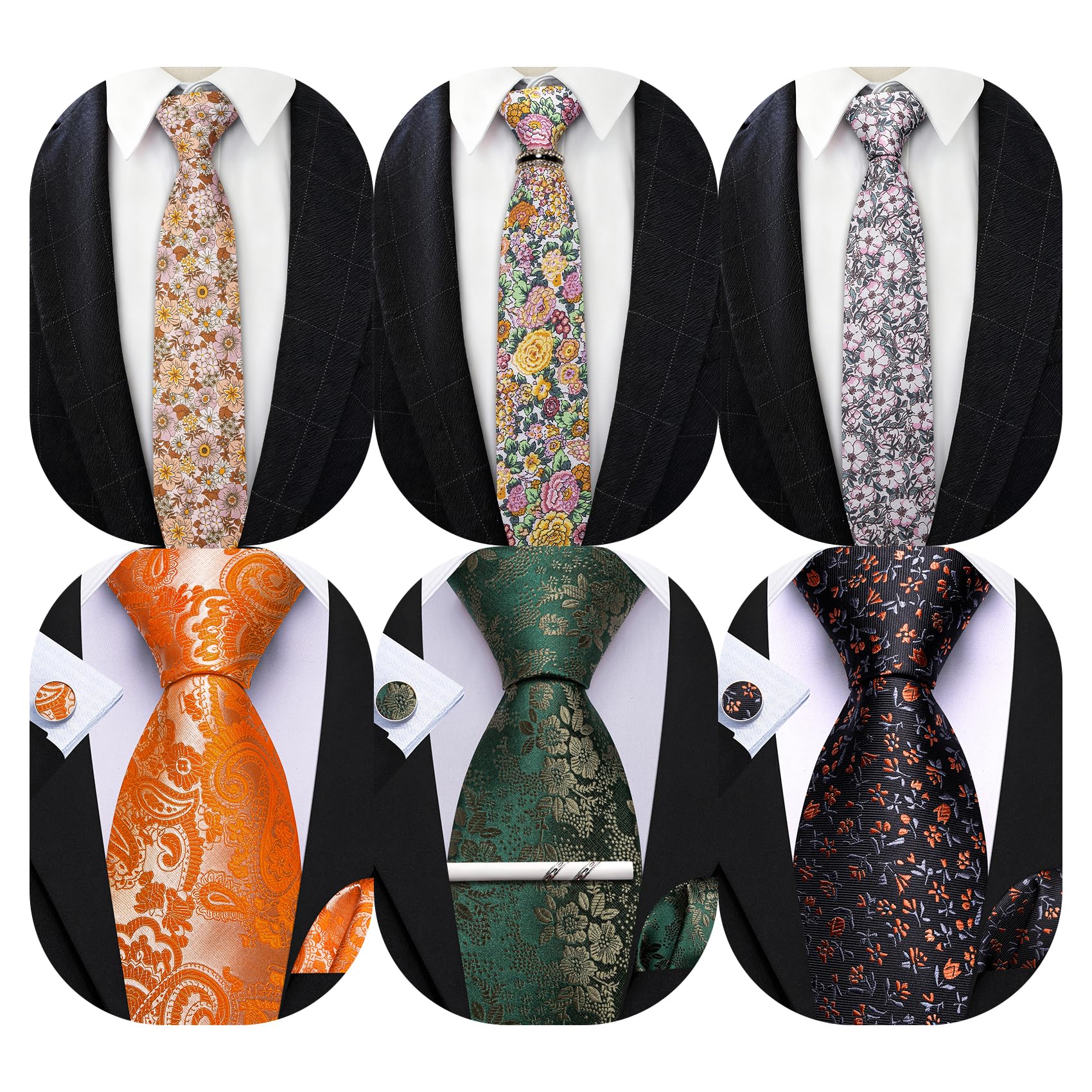 Barry.Wang Men 6PCS Tie Silk Gift Necktie Clip Woven Tie Sets Party