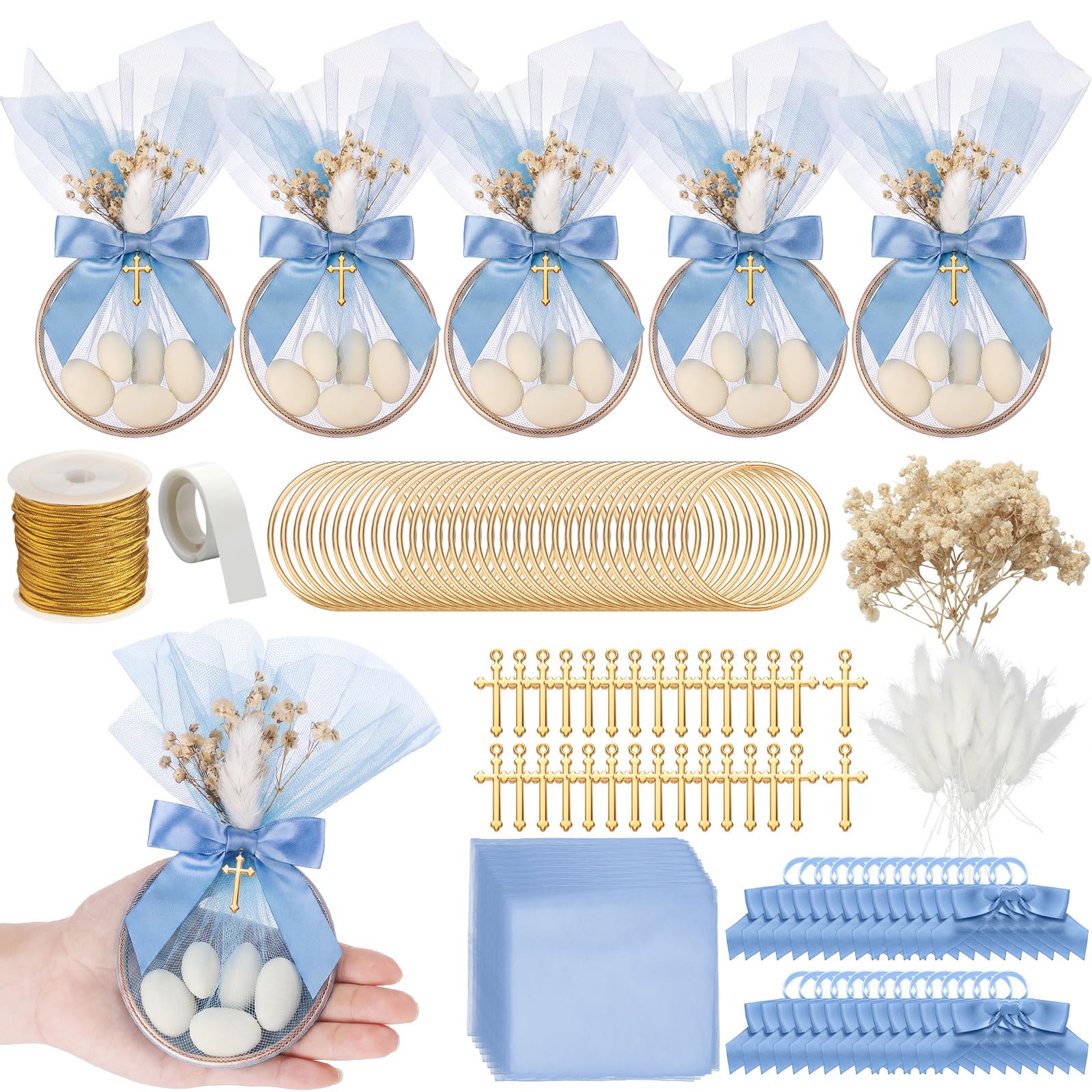 Geelin Set di 24 sacchetti di tulle per battesimo, mandorle, per bomboniere fai da te, per feste, prima comunione, per ospiti, matrimoni, addio al nubilato, senza mandorle (blu)