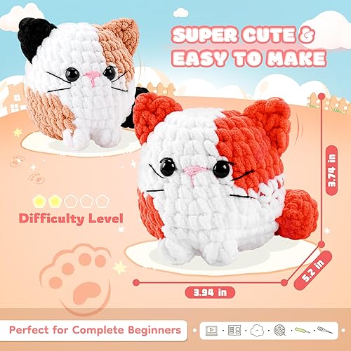 Miniatura 4 de Kit de ganchillo para gatos para principiantes, 2 kits de ganchillo de gatos calicó para adultos y niños, kit de inicio de ganchillo con tutoriales