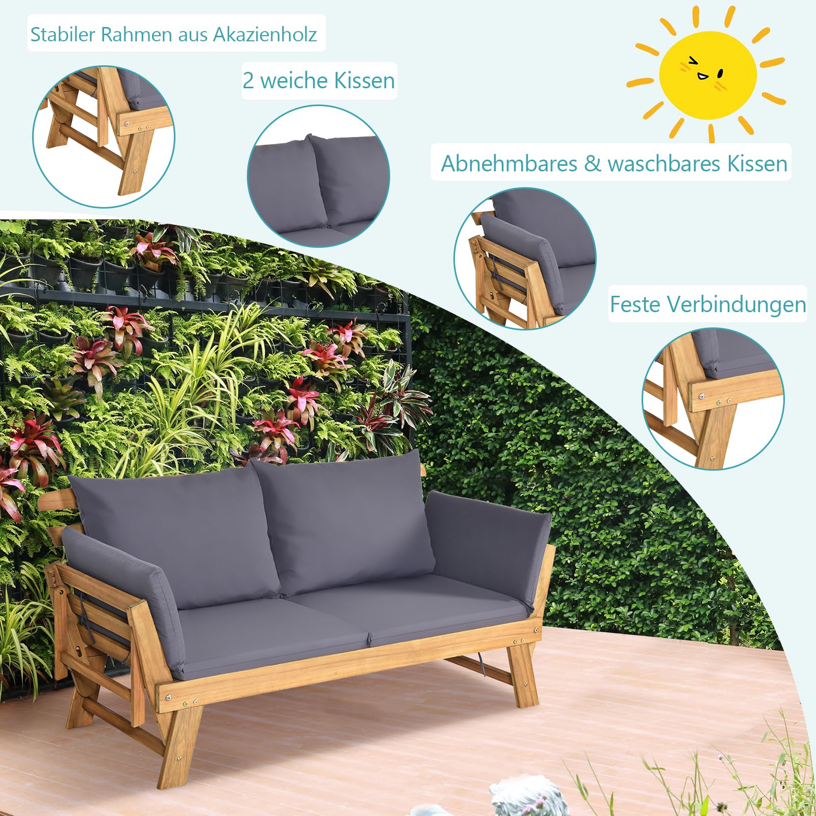 GOPLUS Gartensofa mit Liegefunktion, Gartenbank Holz, 2-3 Sitzer Holzbank mit klappbaren Seitenlehnen, inkl. Auflage, Balkonbank, Sitzbank Outdoor für Garten, Terrasse, Balkon, 157 x 75 x 75cm (Grau)