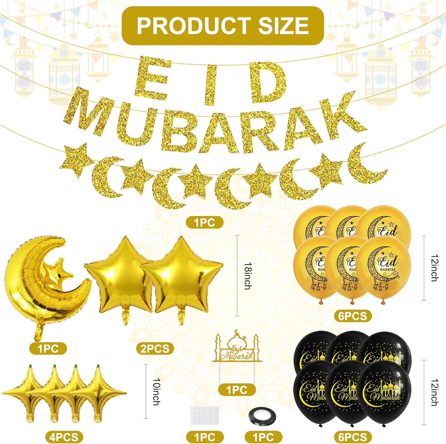 Eid Decorations UK Balloons, 12PCS 12Inch Eid Mubarak Latex Black Gold
