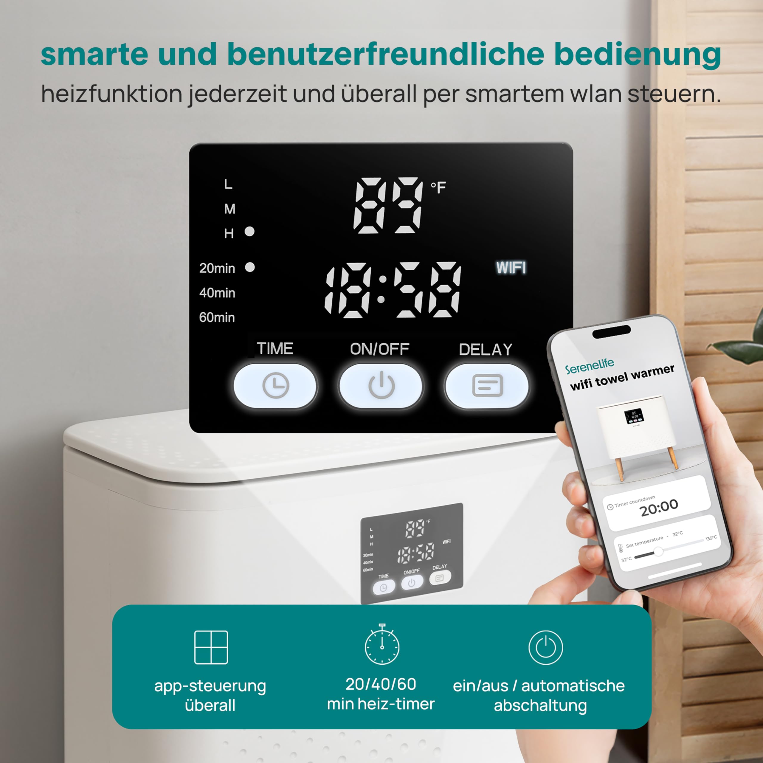 SereneLife WiFi Handtuchwärmer 20L Elektrisch Stehend – Smart Handtuchtrockner für 2 Handtücher mit App Steuerung, Timer und Temperaturregelung, Spa Komfort Zuhause