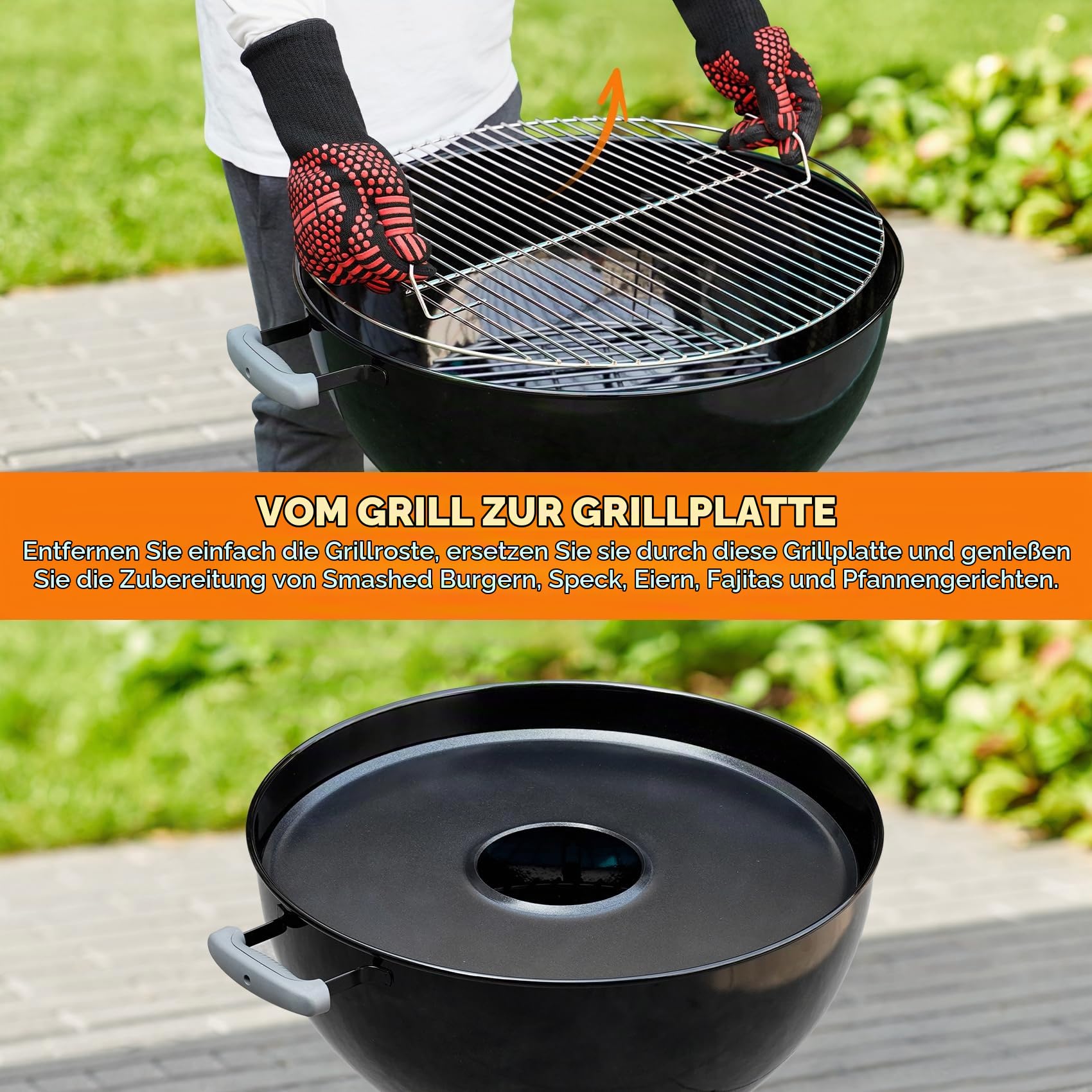 onlyfire Feuerplatte, Ø 54,5cm Grillring, Grillplatte für Weber 57cm Holzkohle Kugelgrill, Räucherofen und Runde Grills, Keramisch Lackierte Oberfläche Plancha, BBQ-Platte mit Ölauffangrillen