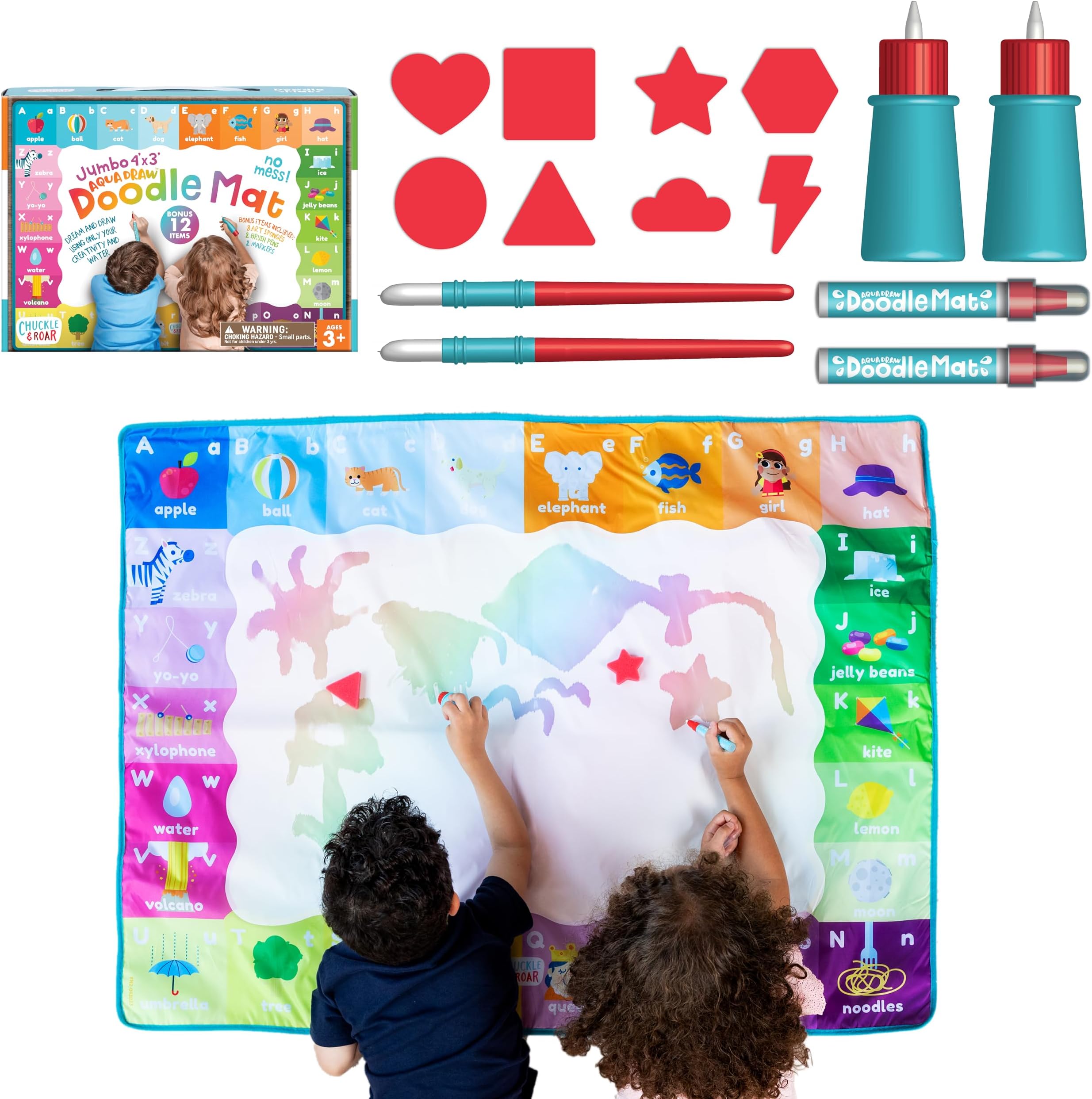 Chuckle & Roar Jumbo Water Doodle Mat – 4ft x 3ft Mess-Free Water Coloring Play Mat for Kids Ages 3+, Reusable Arts & Crafts Set with Brush Pens, Markers & Art Sponges