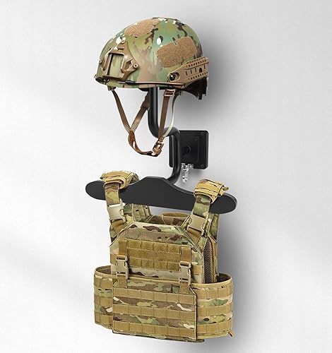 Miniatura 2 de MANNIFEN Soporte de pared para equipo táctico, estante de equipo de policía con soporte para casco, soporte de pared de madera maciza y casco