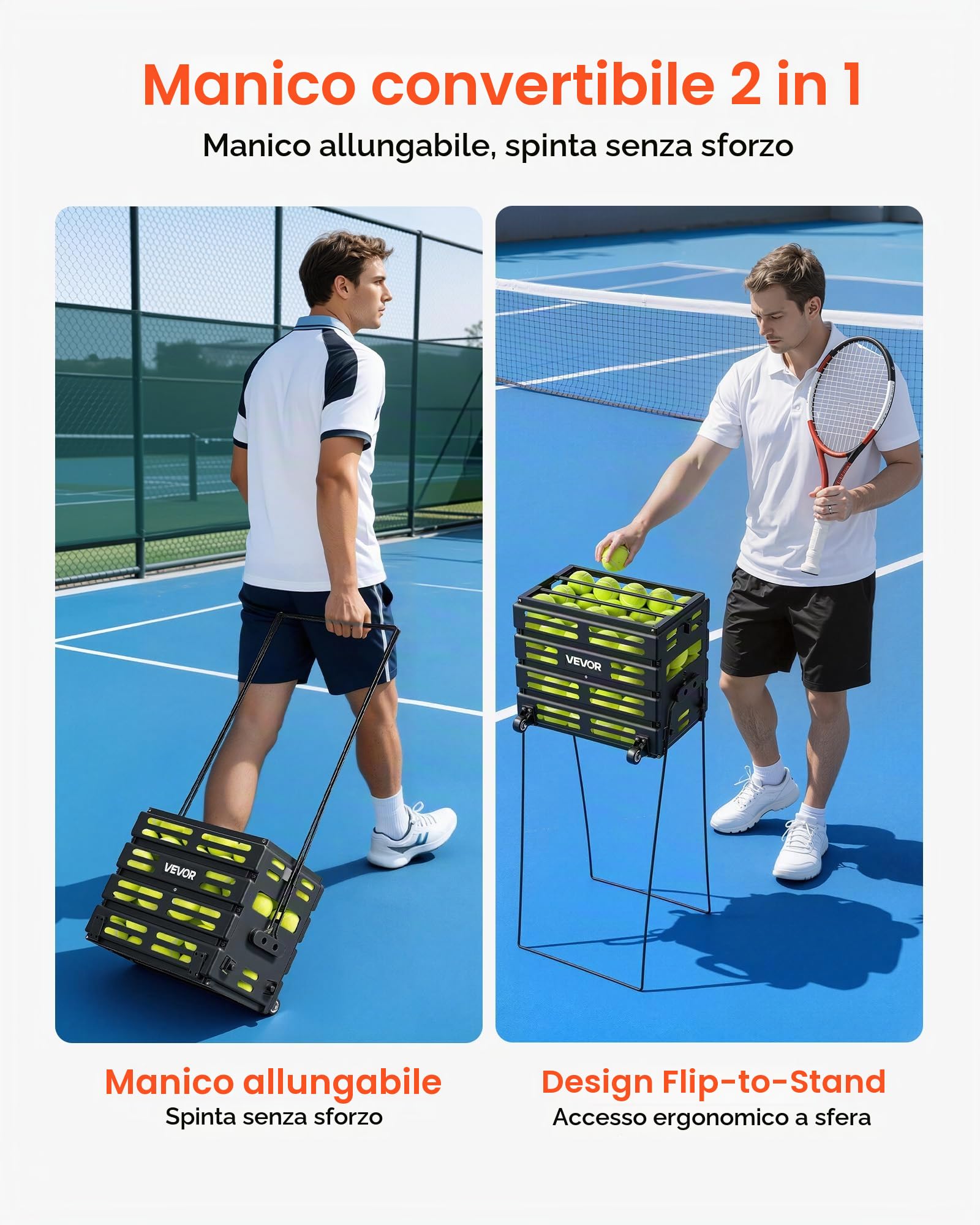 VEVOR Carrello Porta Palline da Tennis 2 in 1 con Cestello, capacità 80 Palline, con Ruote Scorrevoli e Struttura Resistente, Facile da Spostare, Contenitore Portatile per Allenamento e Pickleball