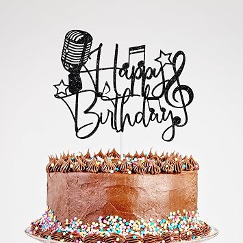 Glitter Karaoke Happy Birthday Cake Topper, Music Birthday Cake Decorations | Music Note Mics Star Birthday Baby Shower Party Cake Decorations Black
