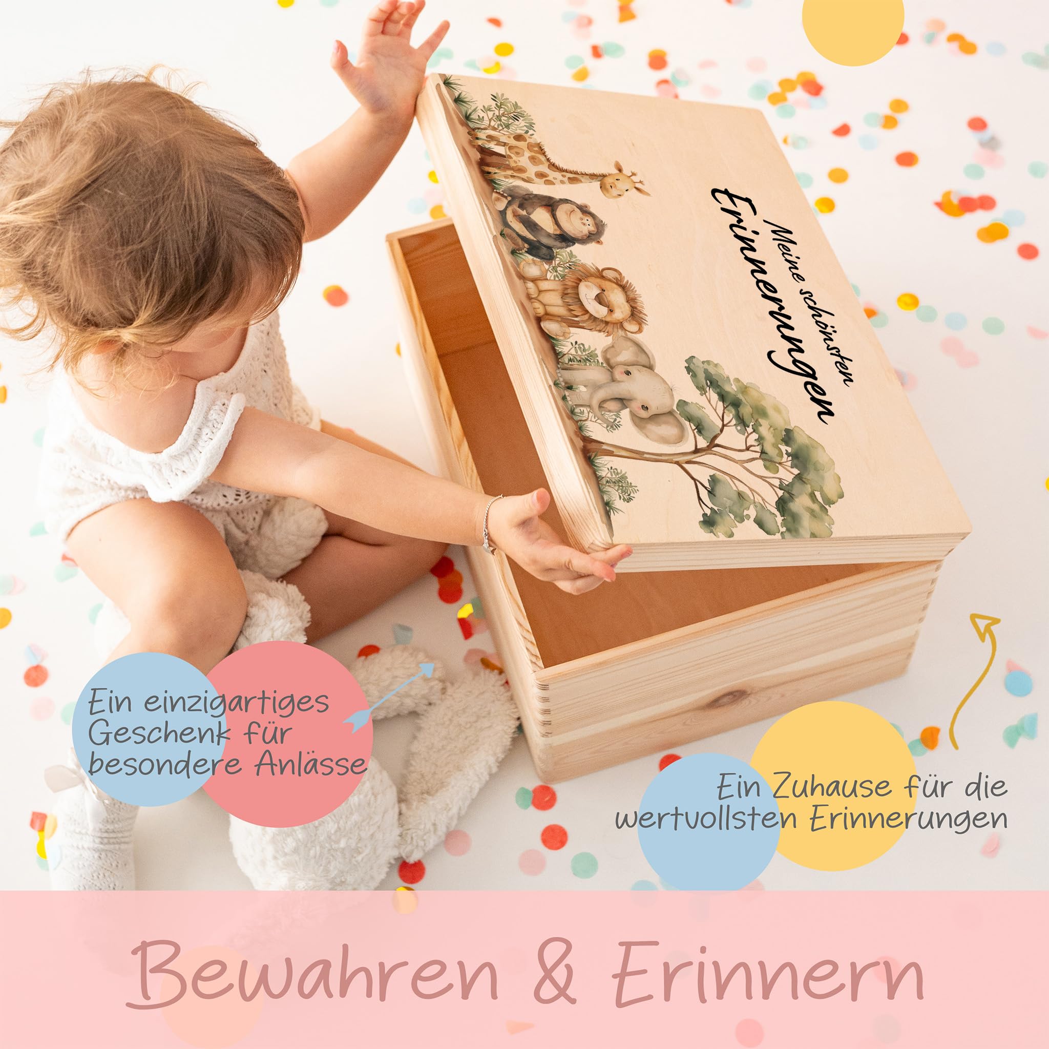 Bärenfreunde - TOP Personalisierte Erinnerungsbox Baby - Individuelle Babies Erstausstattung - Erinnerungskiste aus Holz - Geschenk zur Geburt als Taufgeschenk, Safari ohne Name