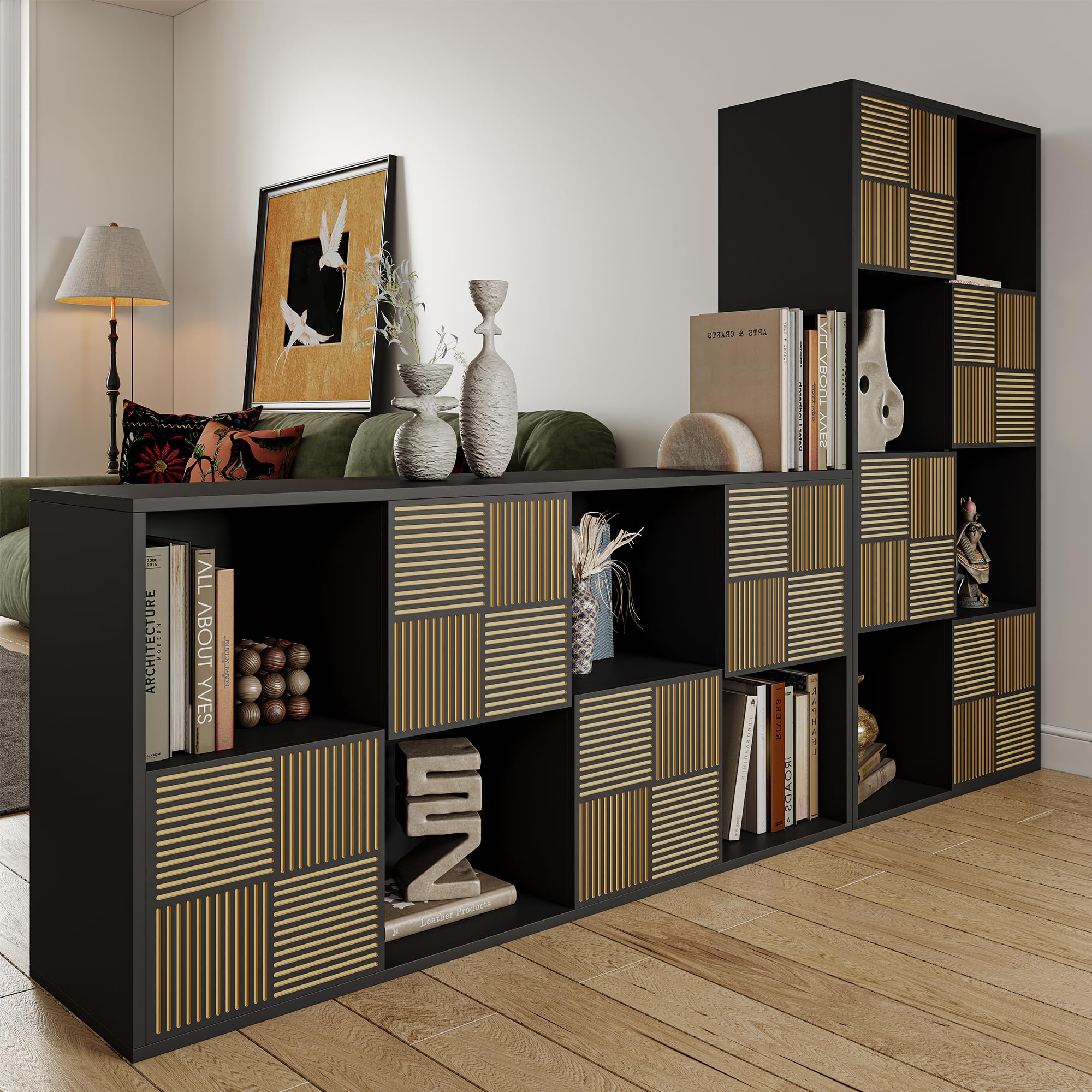 Würfelregal Bücherschrank mit 8 Fächer, Schwarz Bücherregal Raumteiler Regal für Wohnzimmer,Büro,Kinderzimmer, MDF Holz,Horizontal oder Vertikal