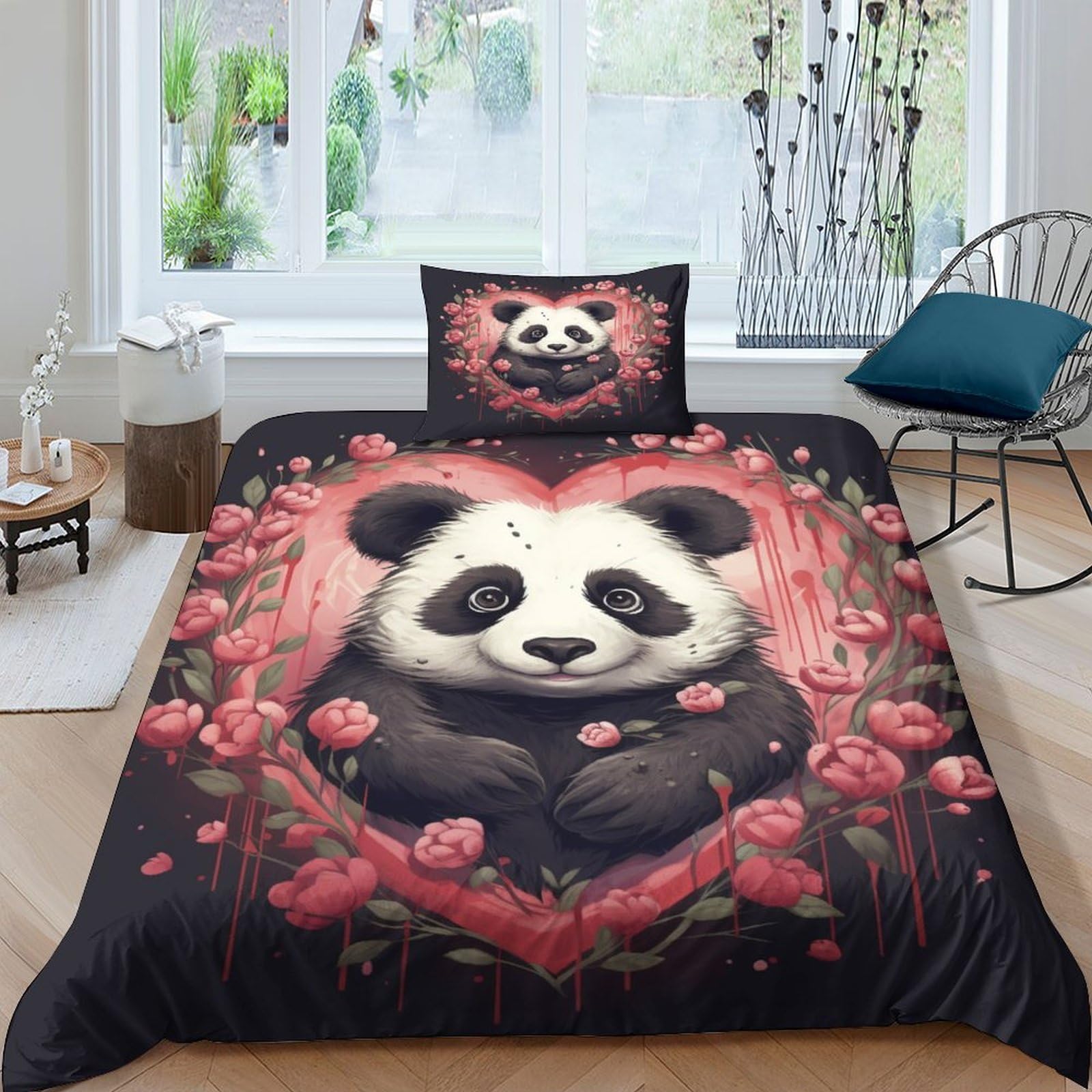 Housse de couette avec fermeture à glissière parure de lit panda mignon microfibre 3 pièces