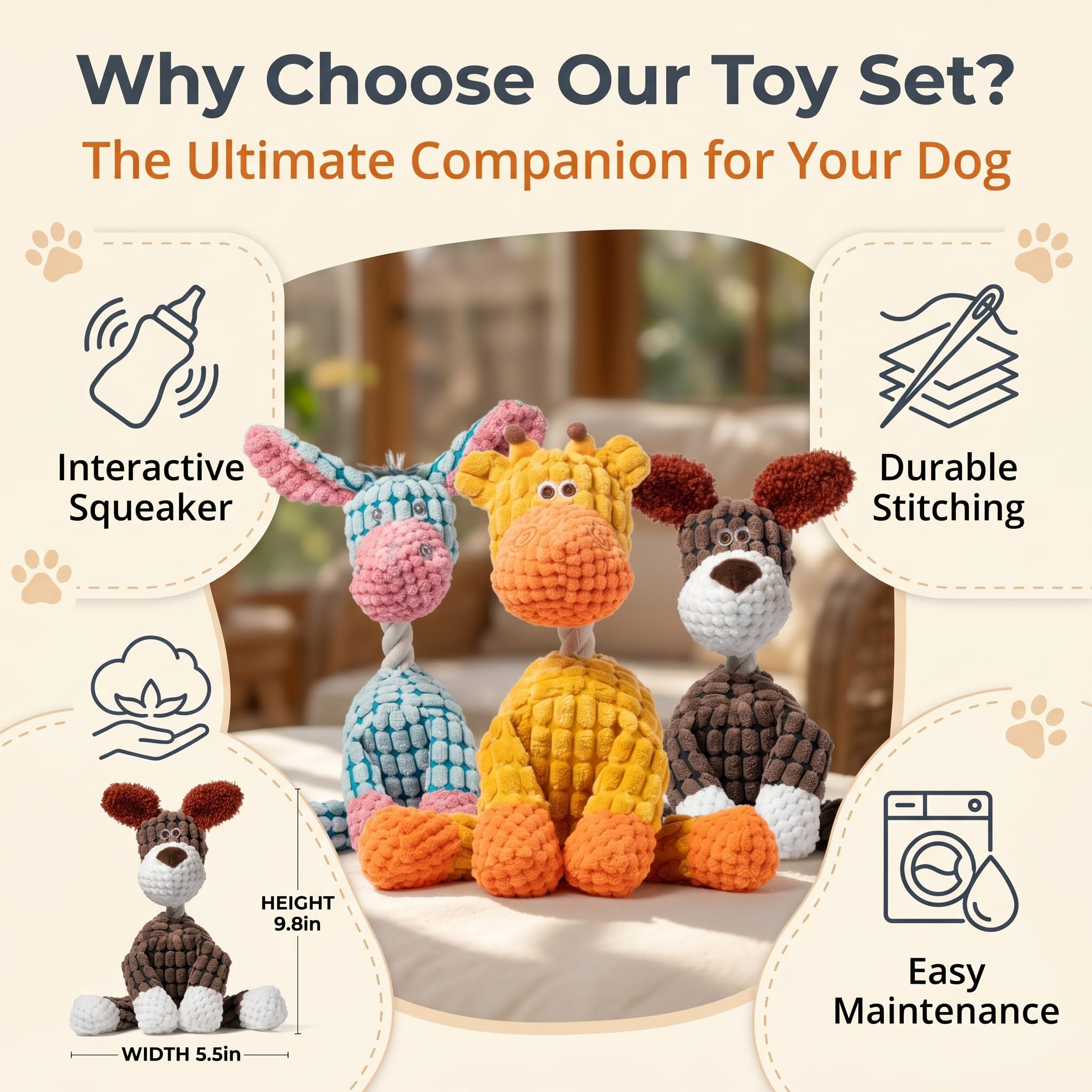 3 Juguetes para Perros con Chirriador - Peluche Interactivo para Perros Pequeños Medianos Grandes, Burro Perro Jirafa - Juguetes Perros Resistentes para Morder, Compañía y Juego
