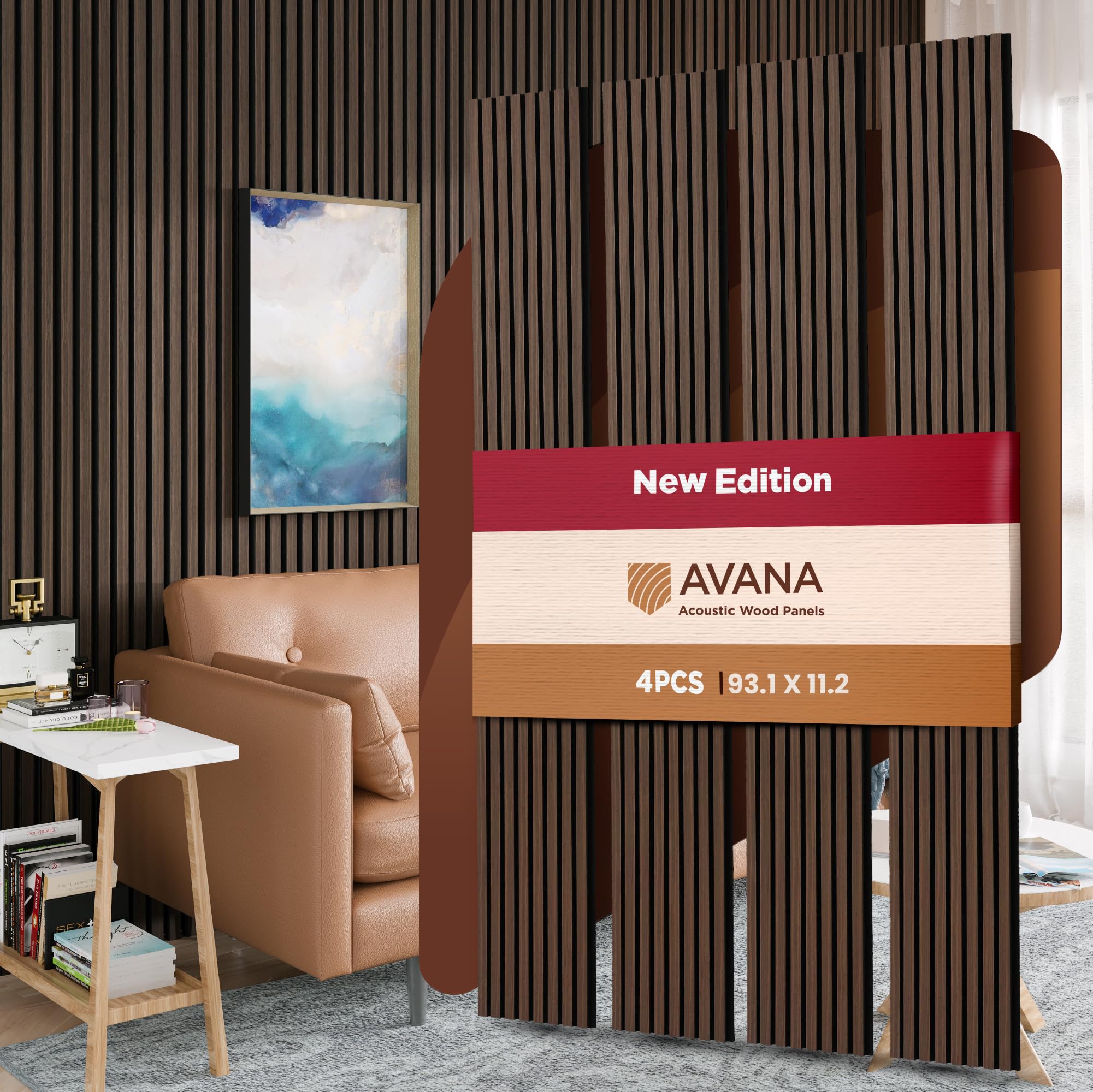 Photo 1 of Avana Acoustic Wood Wall Panels – 93.2x11.25 Inch Panels – Fits 94x12 Layout – Dark Walnut Acoustic Panels 4 PCs – Wall Panels For Interior Wall Decor for Homes, Offices – Durable Wood Panels For Wall