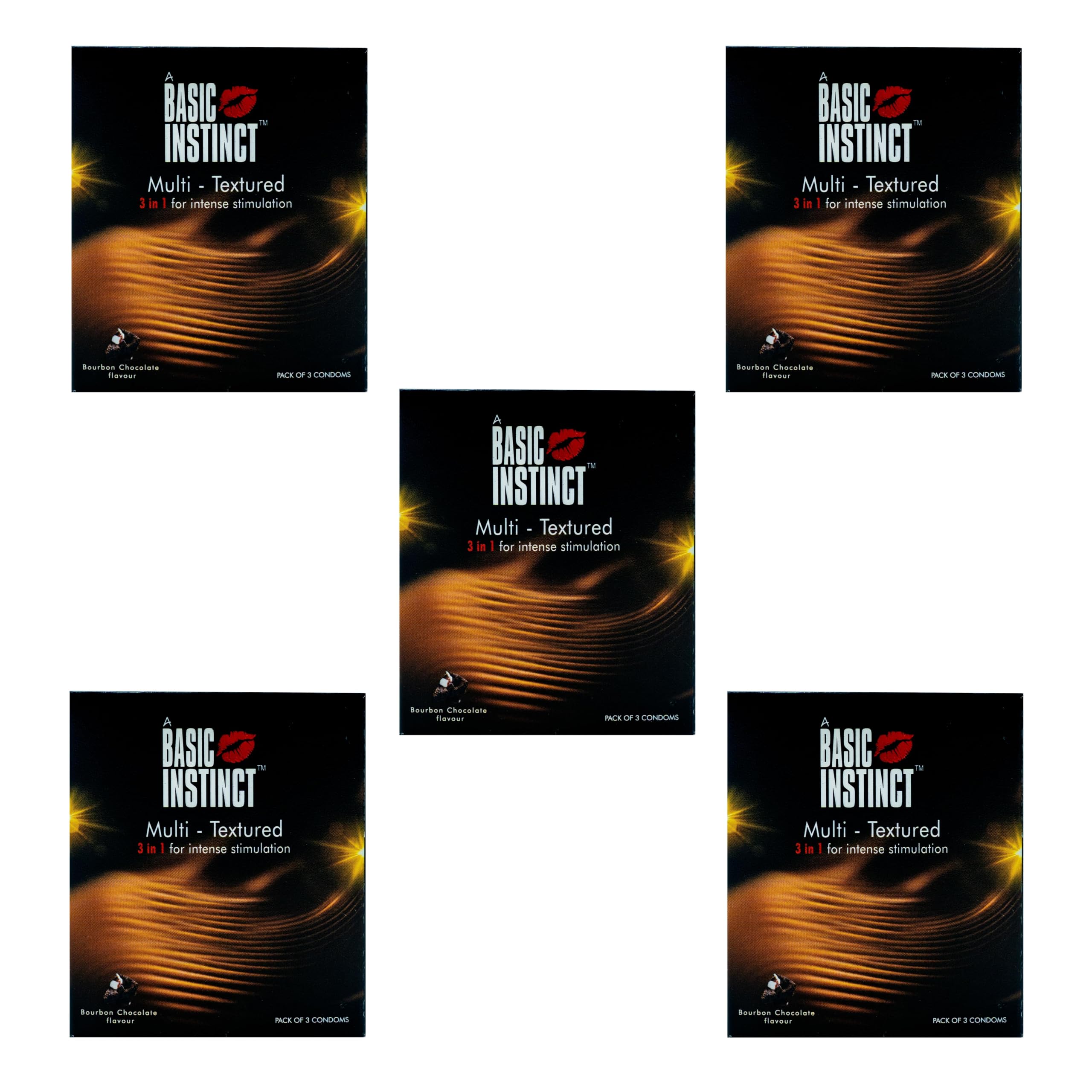 - Basic Instinct Multi Texture Condoms for Men, 3 in 1 Ribbed, Dotted & Contoured, Bourbon Chocolate Flavoured Ultra-Smooth Latex Condoms,3 Pcs (Pack of 5)