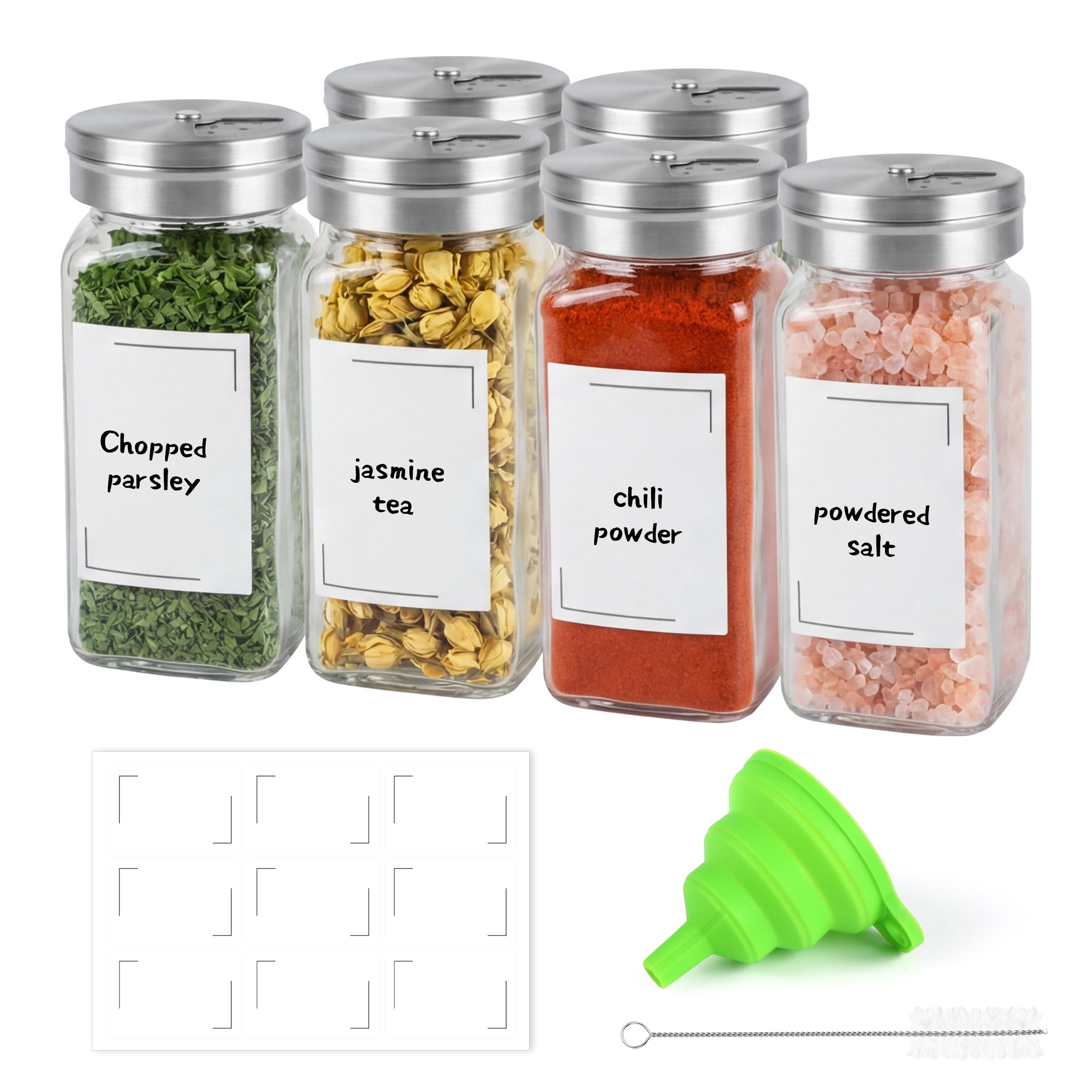 LUKDNEEY 6 Pcs Glass Spice Jars with Shaker Lids and Labels