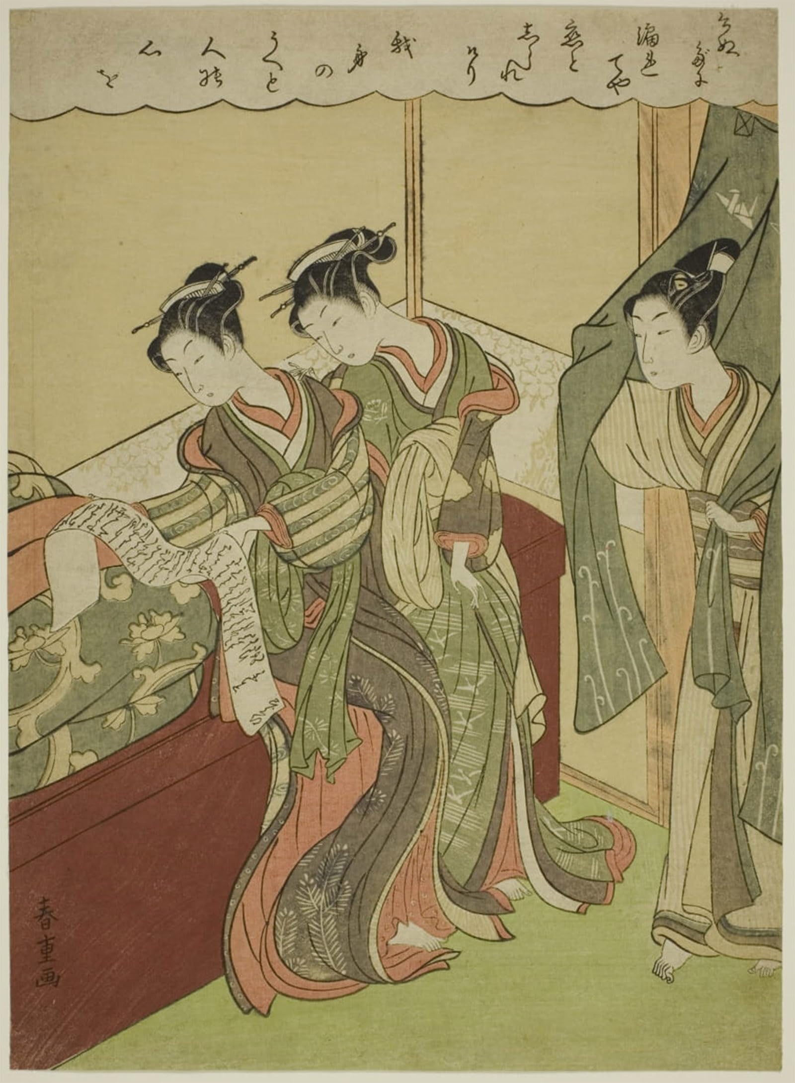 ARTXLXXBN Famous Painting Canvas Artwork Graffiti Print Young Man Walks in As Two Courtesans Read Love Letter by Shiba Kokan Portrait Canvas Image for Home Decor 60x90cm