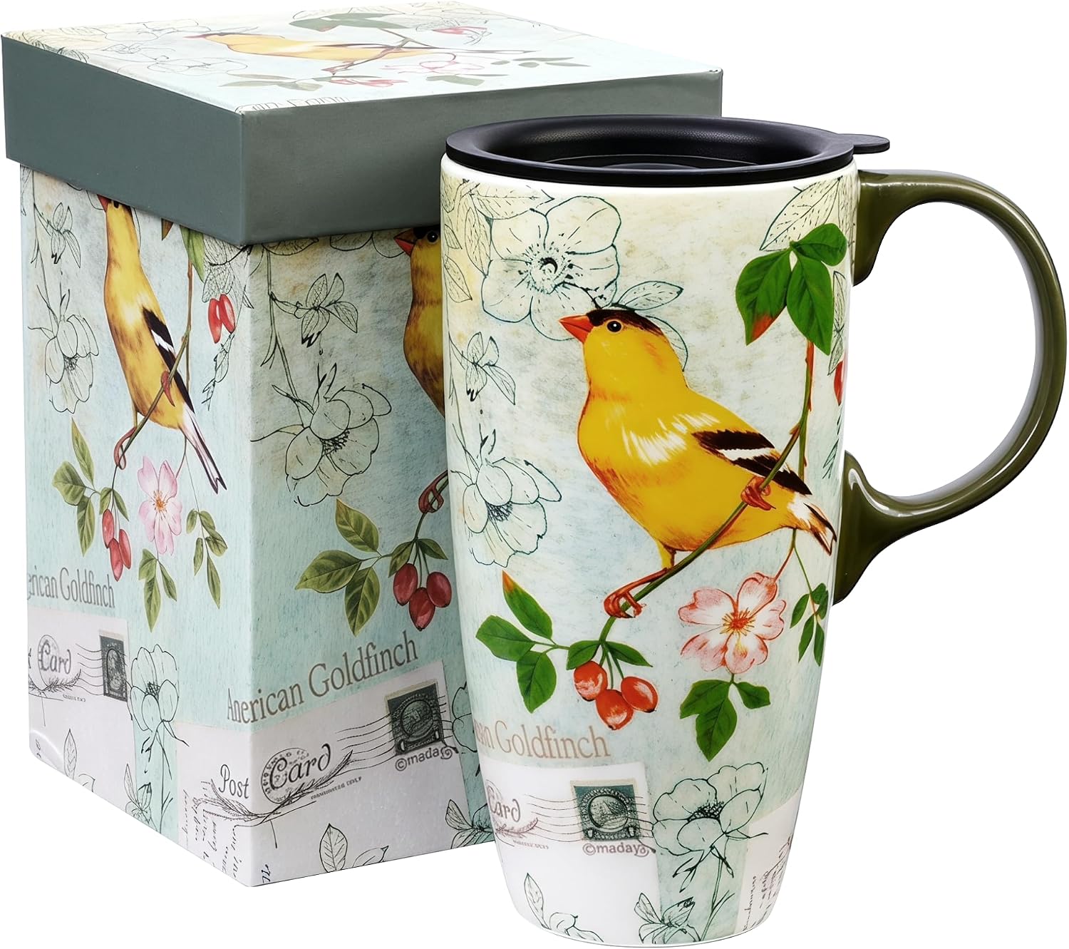 17oz Ceramic Travel Mug with Lid, Goldfinch Bird Coffee Mug