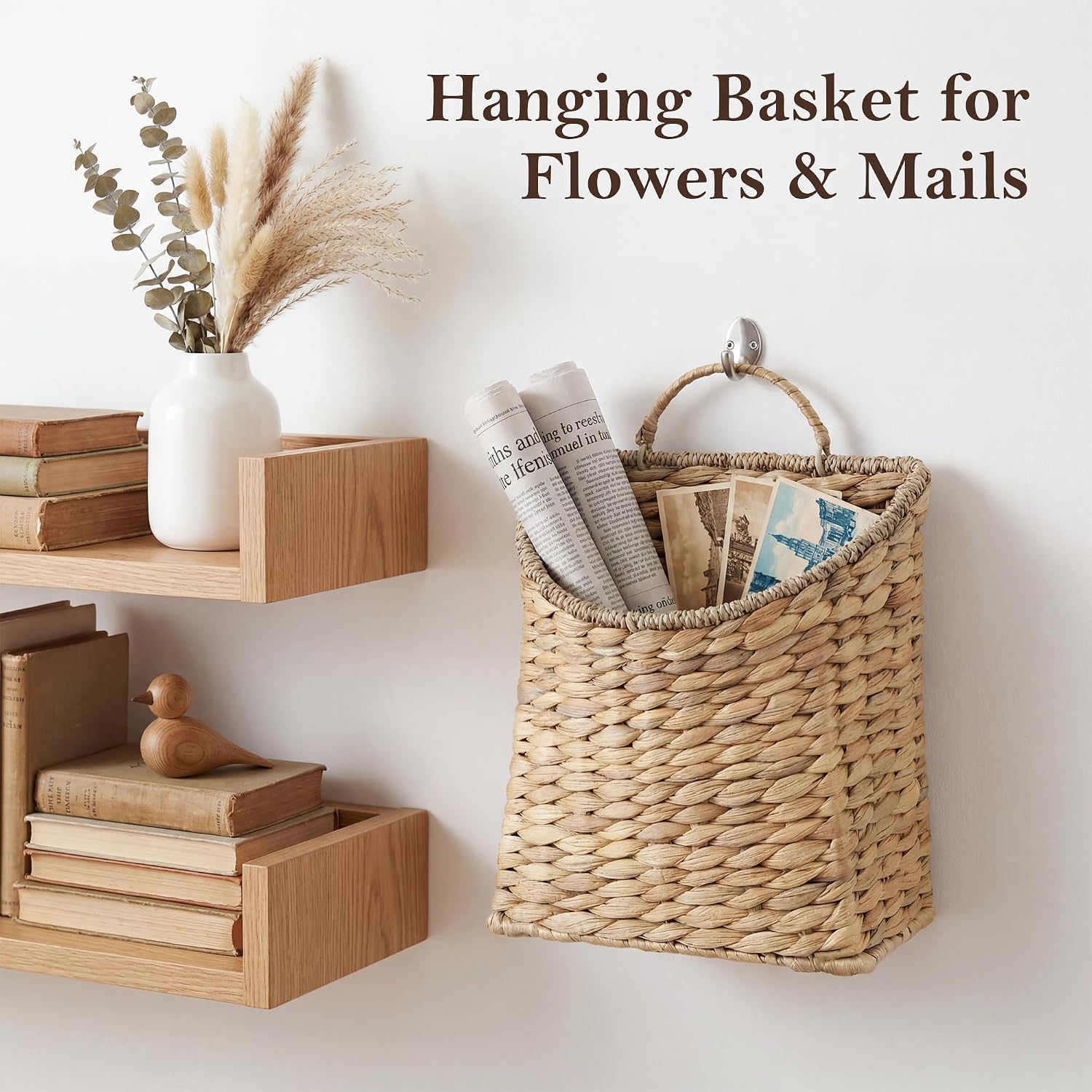 Woven Hanging Basket,Wicker Hanging Wall Baskets Decor,Natural Water Hyacinth Front Door Basket, Handmade Storage Basket for Garden Farmhouse Home Decorations