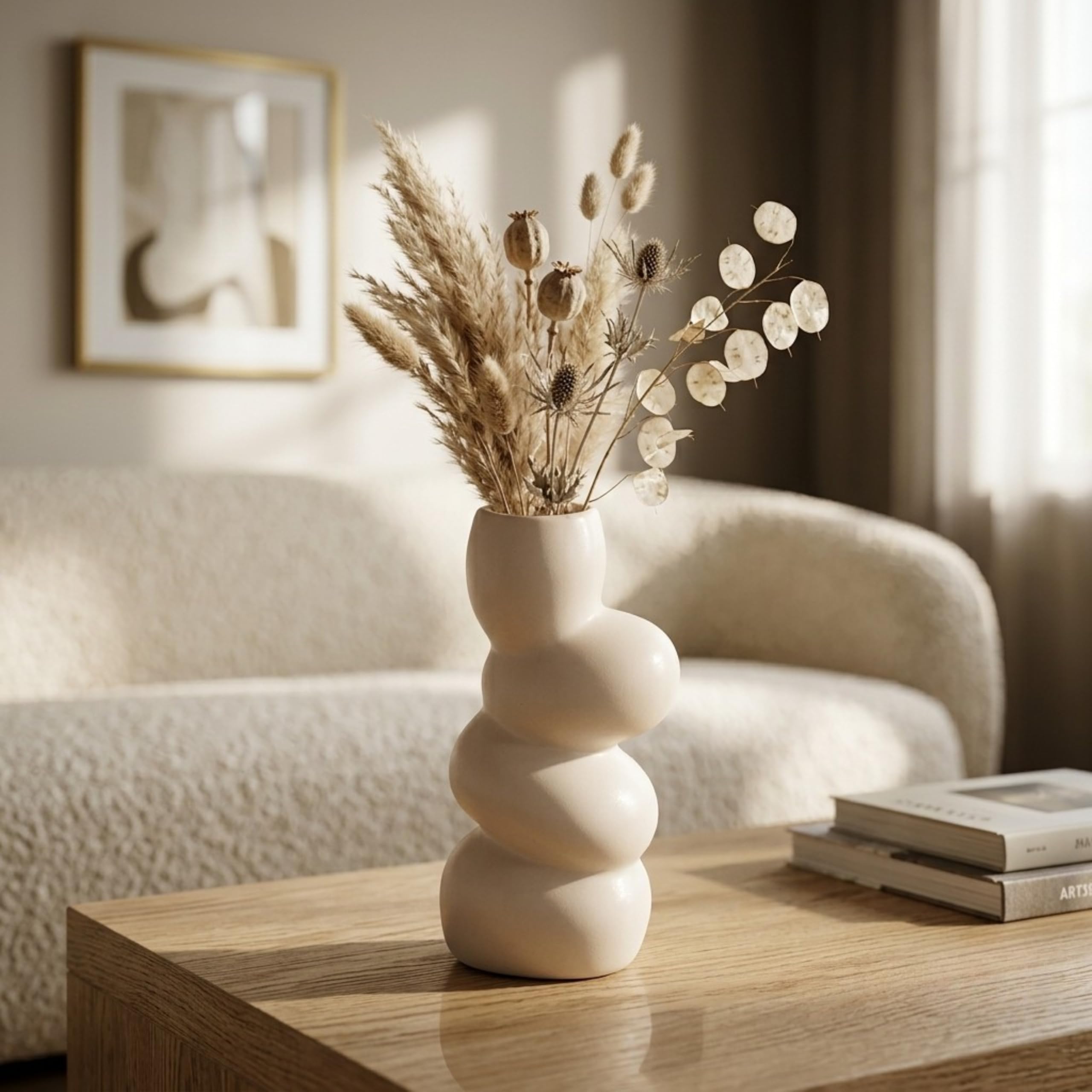 ANITRAD COLLECTION Premium Ceramic White Stone Shaped Flower Vase | Modern Stacked Pebble Planter Pot For Indoor Plants | Unique Aesthetic Home Decor For Living Room Office Tabletop Centerpiece & Gift-image-48