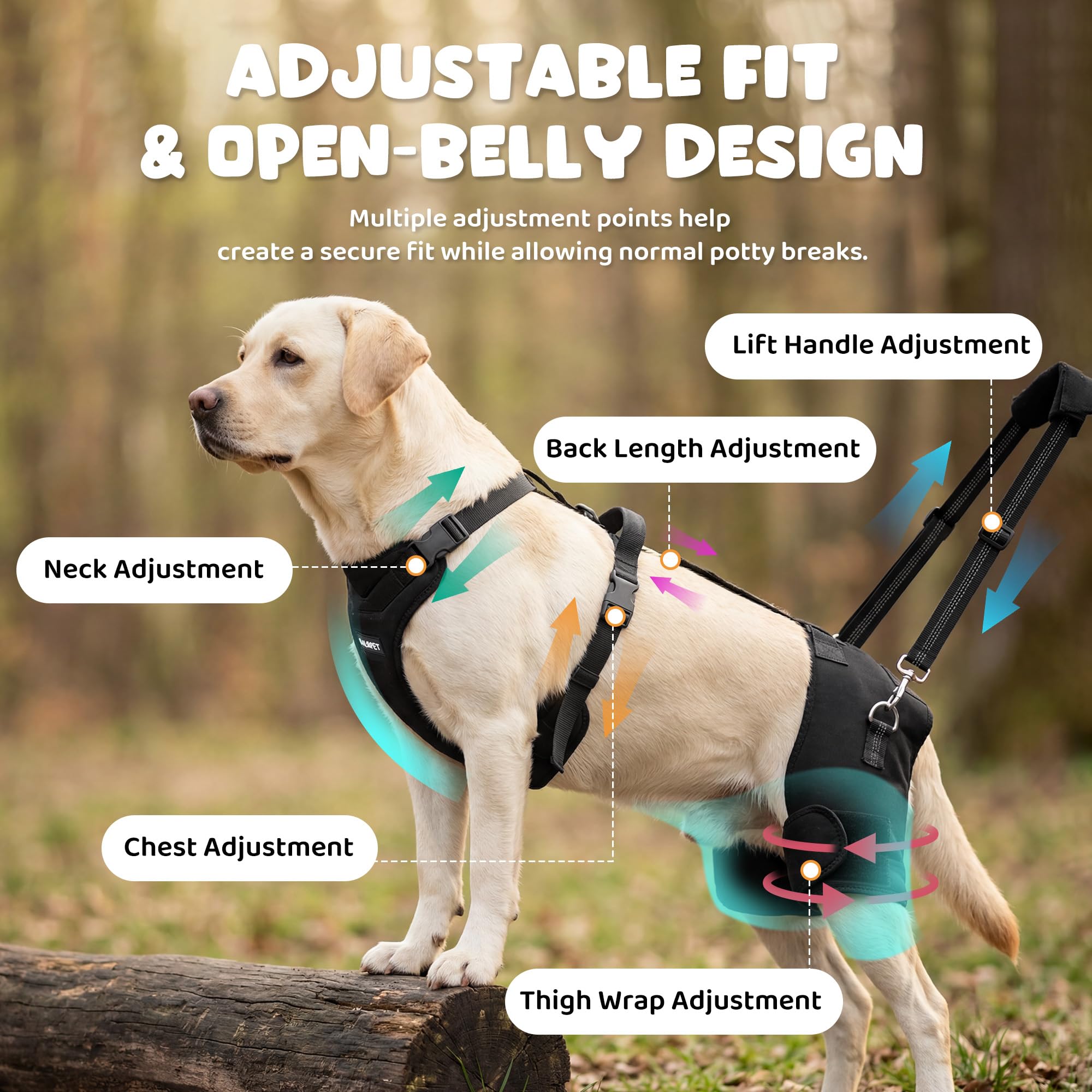 BALAPET BALAPET - Arnés de soporte de cadera para perro con mango de elevación, soporte de cadera ajustable para perros grandes, almohadillas suaves extraíbles para la cadera, arnés de asistencia de