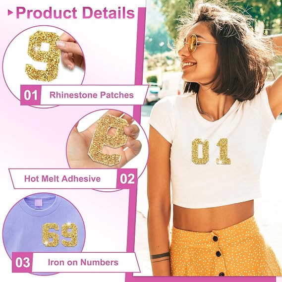 20pcs Bling Rhinestone Numbers Patches Glitter Iron on Number Patches Number 0-9 Rhinestone Patch Rhinestones Adhesive Applique Patch for Clothing Shoes Bags Hats Repair Decoration(Gold)