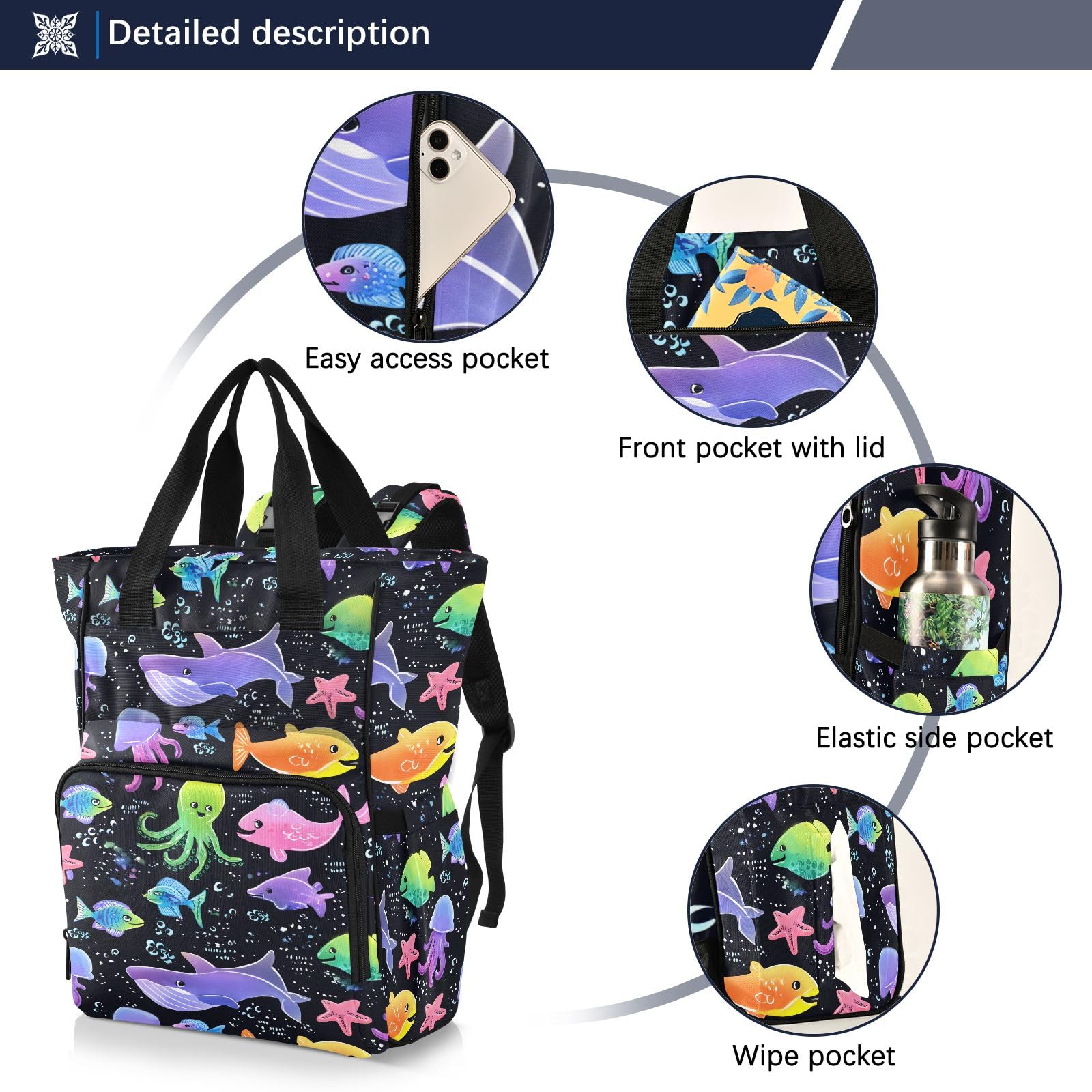 Mnsruu Carino Marino Animale Modelli Baby Diaper Bag Zaino Grande Borsa Impermeabile Viaggio Pannolino Borse per Mamme e Papà