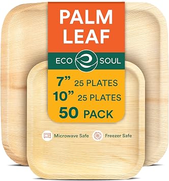ECO SOUL Palm Leaf Like Bamboo Plates, 7 & 10 Inch Square, 50 Pack Bulk Disposable Dinnerware Combo, Compostable Biodegradable Natural Wooden Tableware, Party Pack for Catering, Wedding, Events