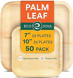 ECO SOUL Kompostierbare quadratische Palmblatt-Teller, 17,8 cm und 25,4 cm, wie Bambus-Teller, biologisch abbaubar, umweltfreundlich, mikrowellen- und ofenfest, Party-Set, 50 Stück