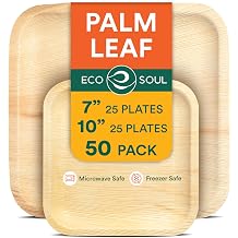 ECO SOUL 50 Palm Leaf Square Plates | 25 Large Dinner Plates, 25 Small Appetizer Plates|Eco-Friendly Compostable Bamboo Plate Disposable Dinnerware for Dinner, Party & Wedding