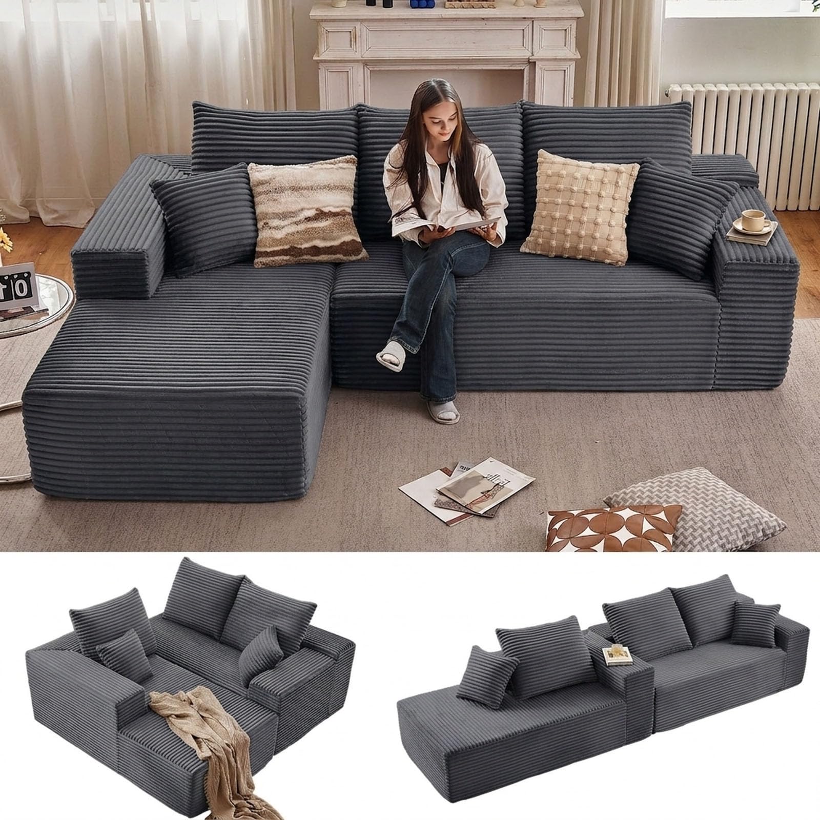 Sectional Couches for Living Room Cloud Couch Sofa with L-Shape Couch in a Box Upholstered Boneless Couchs Modern Modular Sectional Couch with Chaise (Dark Grey,B-3 Seater-Left-Facing Chaise-96 inch)