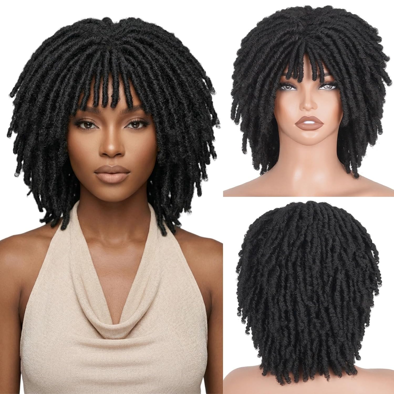 Braided Wigs for Black Women and Men Dreadlock Wig Short Afro Wig Layered Glueless Passion Twist Hair Faux Locs Crochet Hair Curly Synthetic Wig with Bangs (#1B Black, 12 Inch)