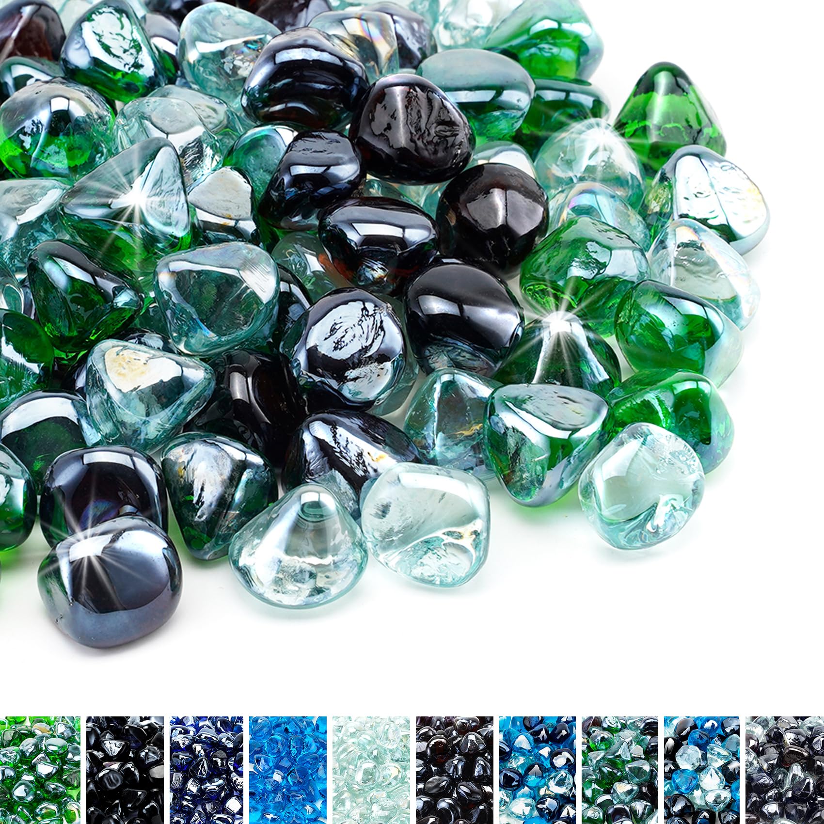 Skyflame 10-Pound Blended Fire Glass Diamonds for Fire Pit Fireplace Landscaping, 1 Inch Emerald Green, Crystal Ice, Amber Luster-image-40