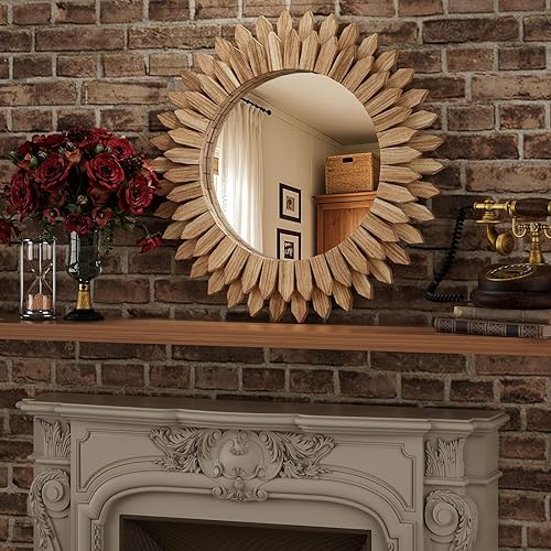 Miniatura 5 de Espejo de pared bohemio marrón de 24 pulgadas, decoración de pared redonda de madera, espejo circular rústico hecho a mano para sala de estar,